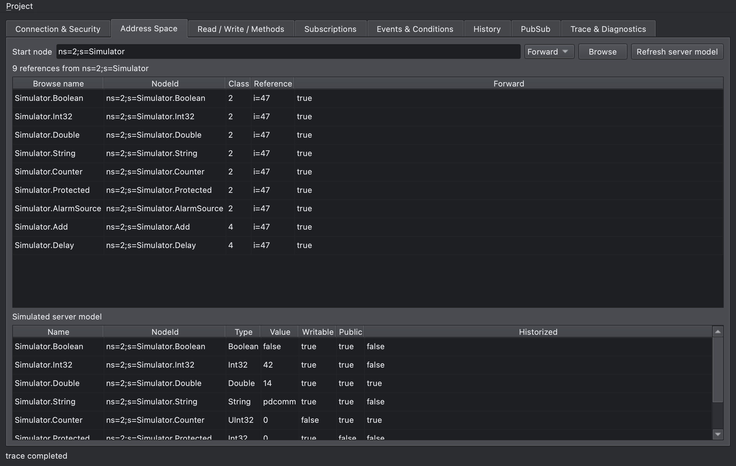Address Space tab with references browsed from the Simulator object and the server model