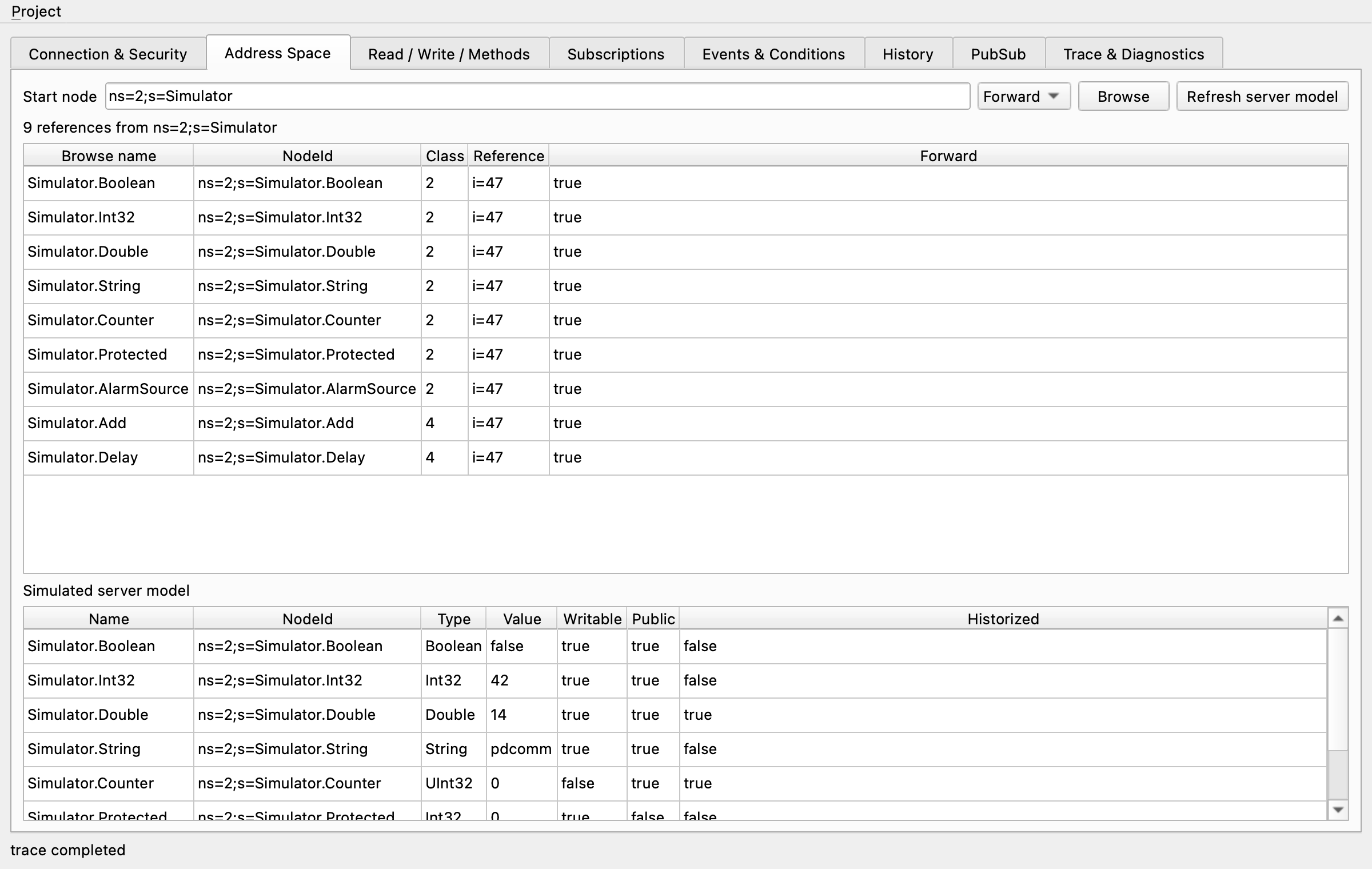 Address Space tab with references browsed from the Simulator object and the server model