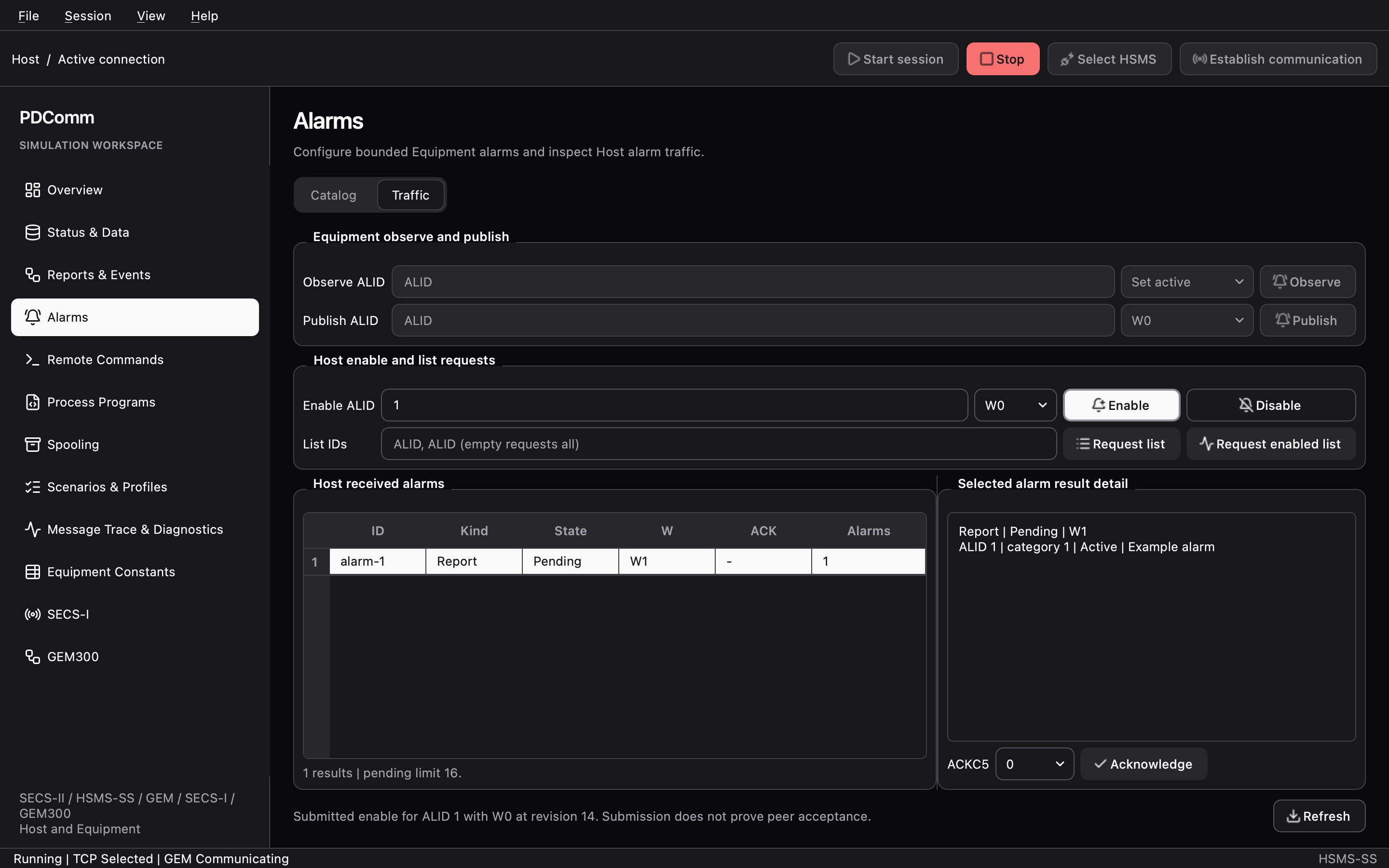 Traffic tab of Alarms on the Host showing an alarm report that waits for an acknowledgement.