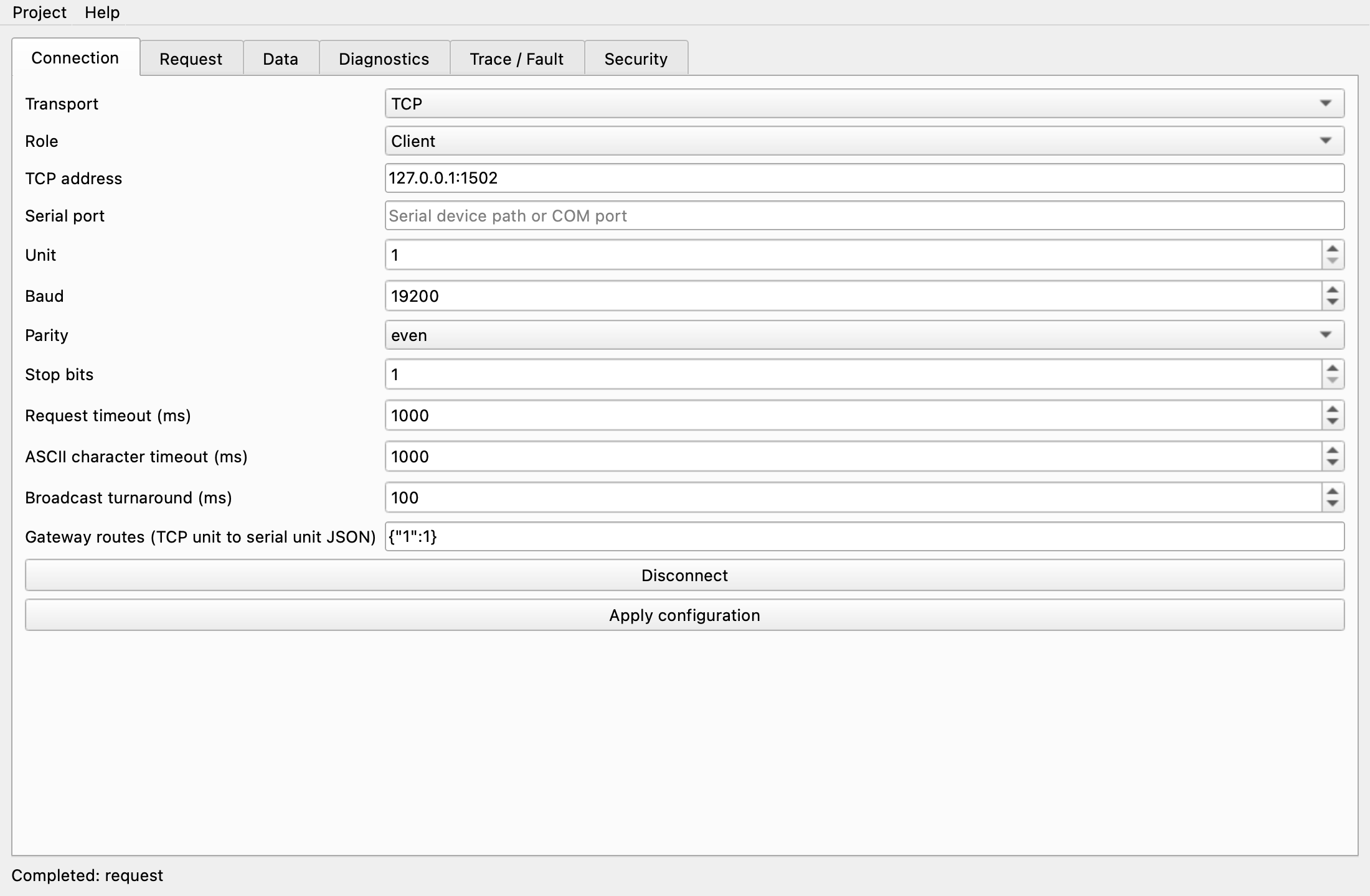 Connection tab with Role Client, connected to 127.0.0.1:1502