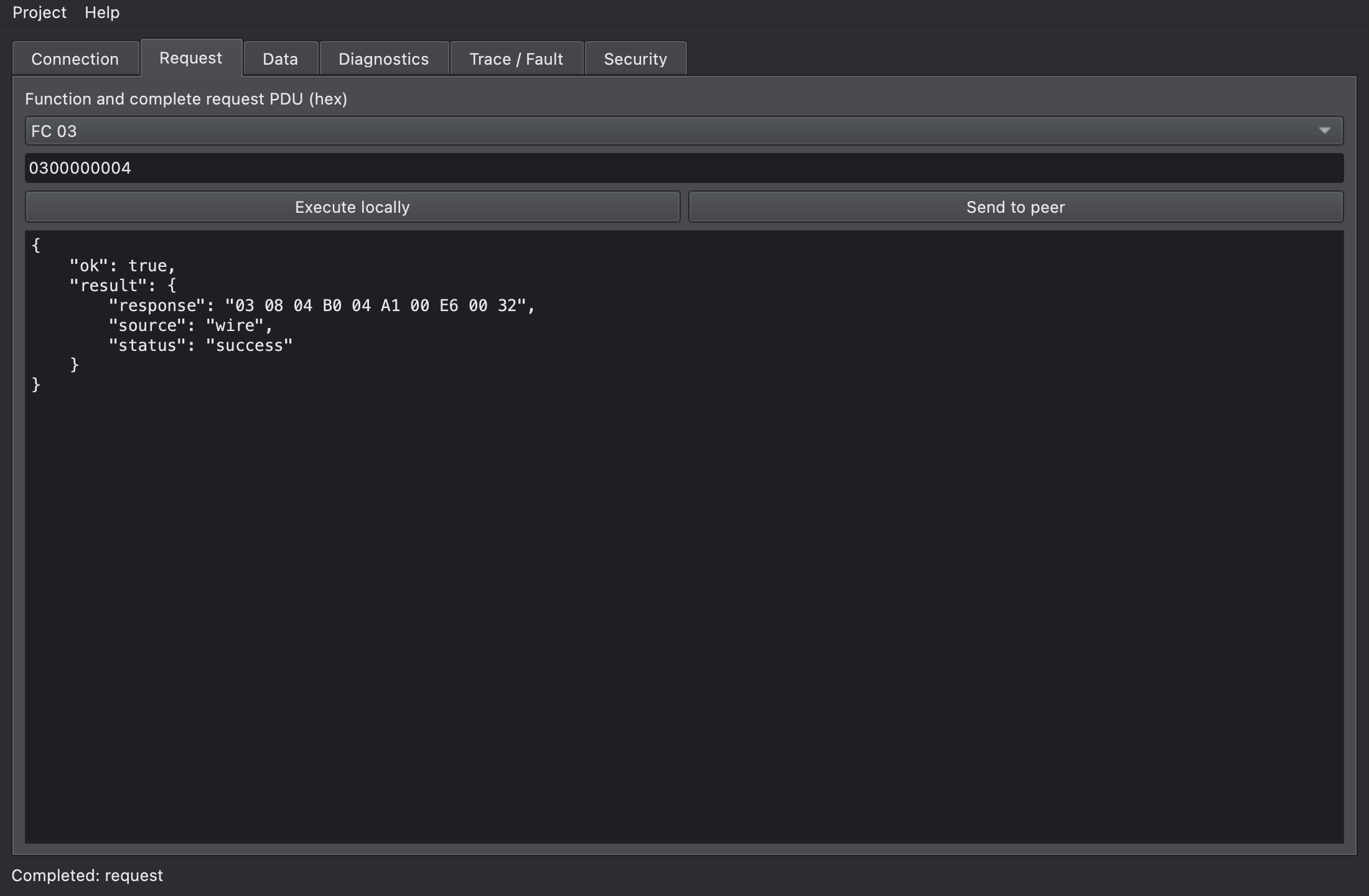 Request tab: FC 03 sent with Send to peer, response with source wire