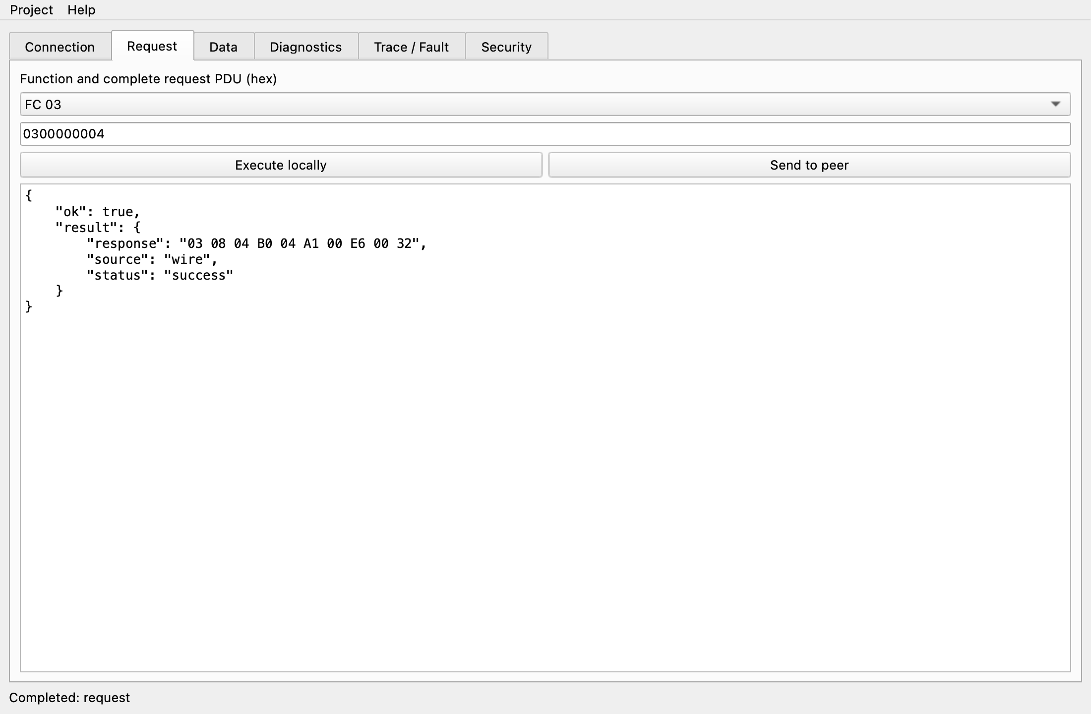 Request tab: FC 03 sent with Send to peer, response with source wire