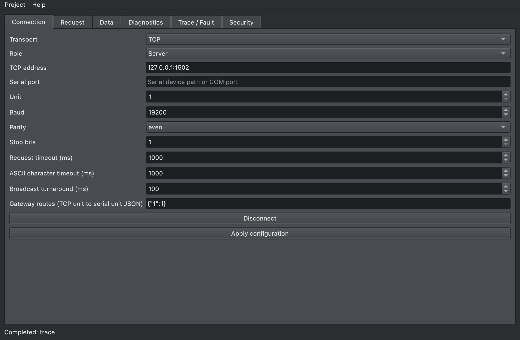 Connection tab connected as a TCP server on 127.0.0.1:1502, showing the Disconnect button