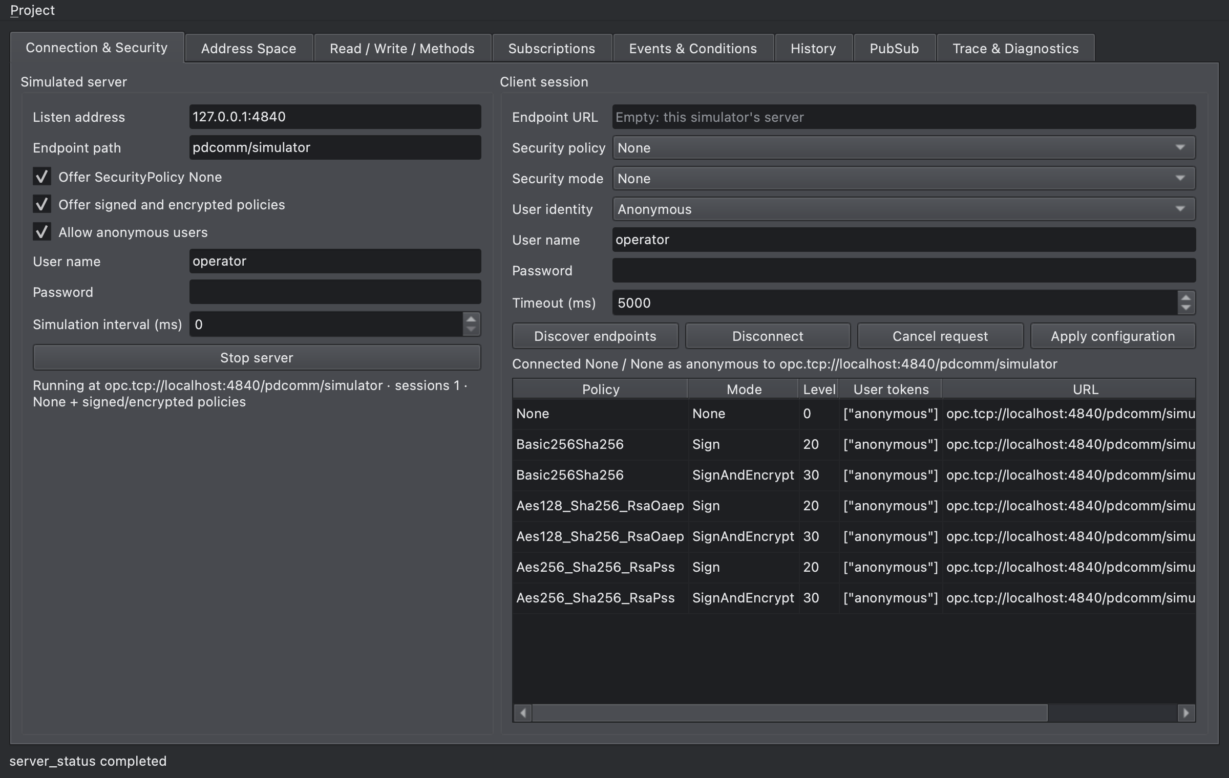 Connection & Security tab with the server started and an anonymous client session connected