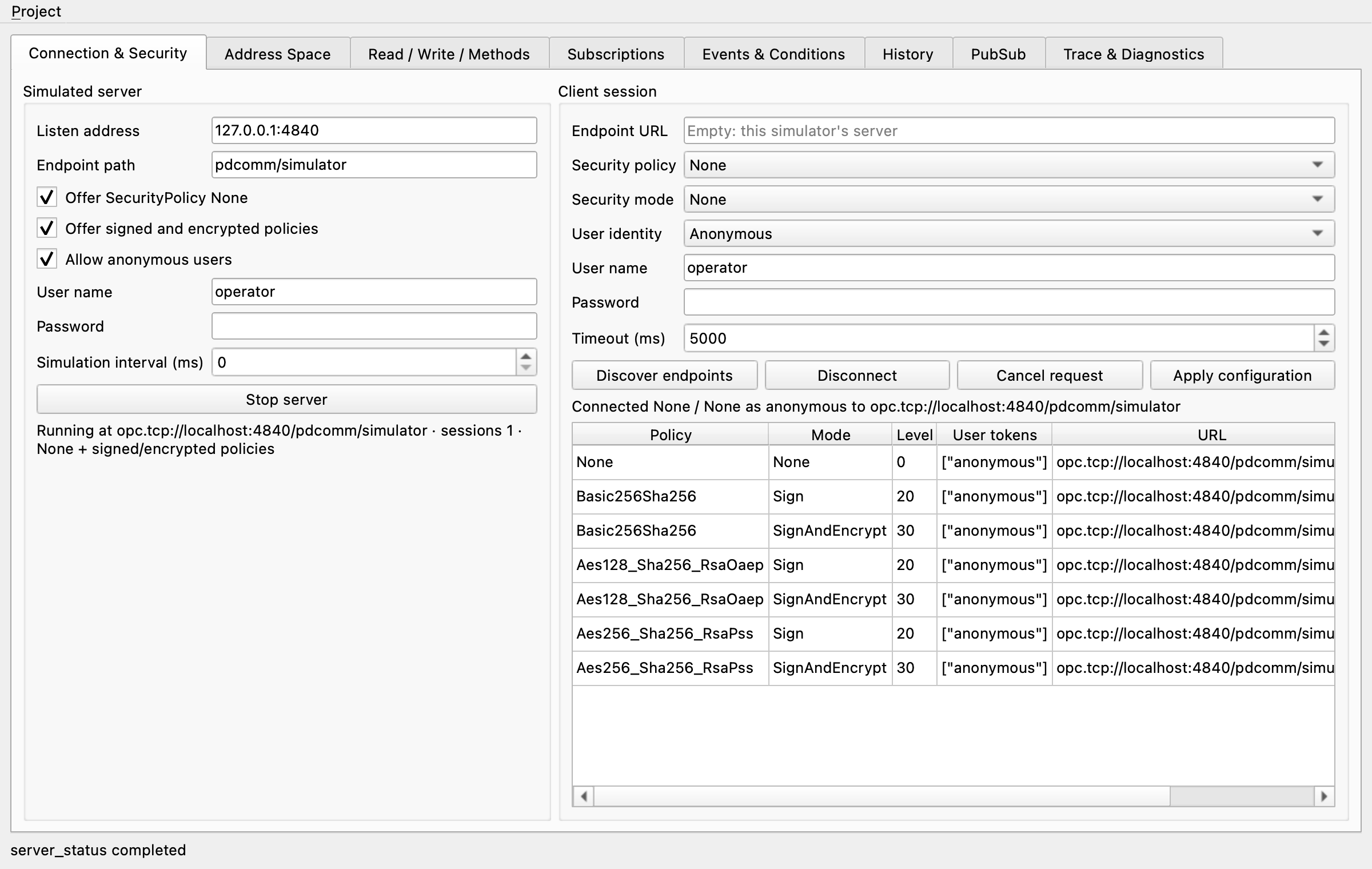 Connection & Security tab with the server started and an anonymous client session connected