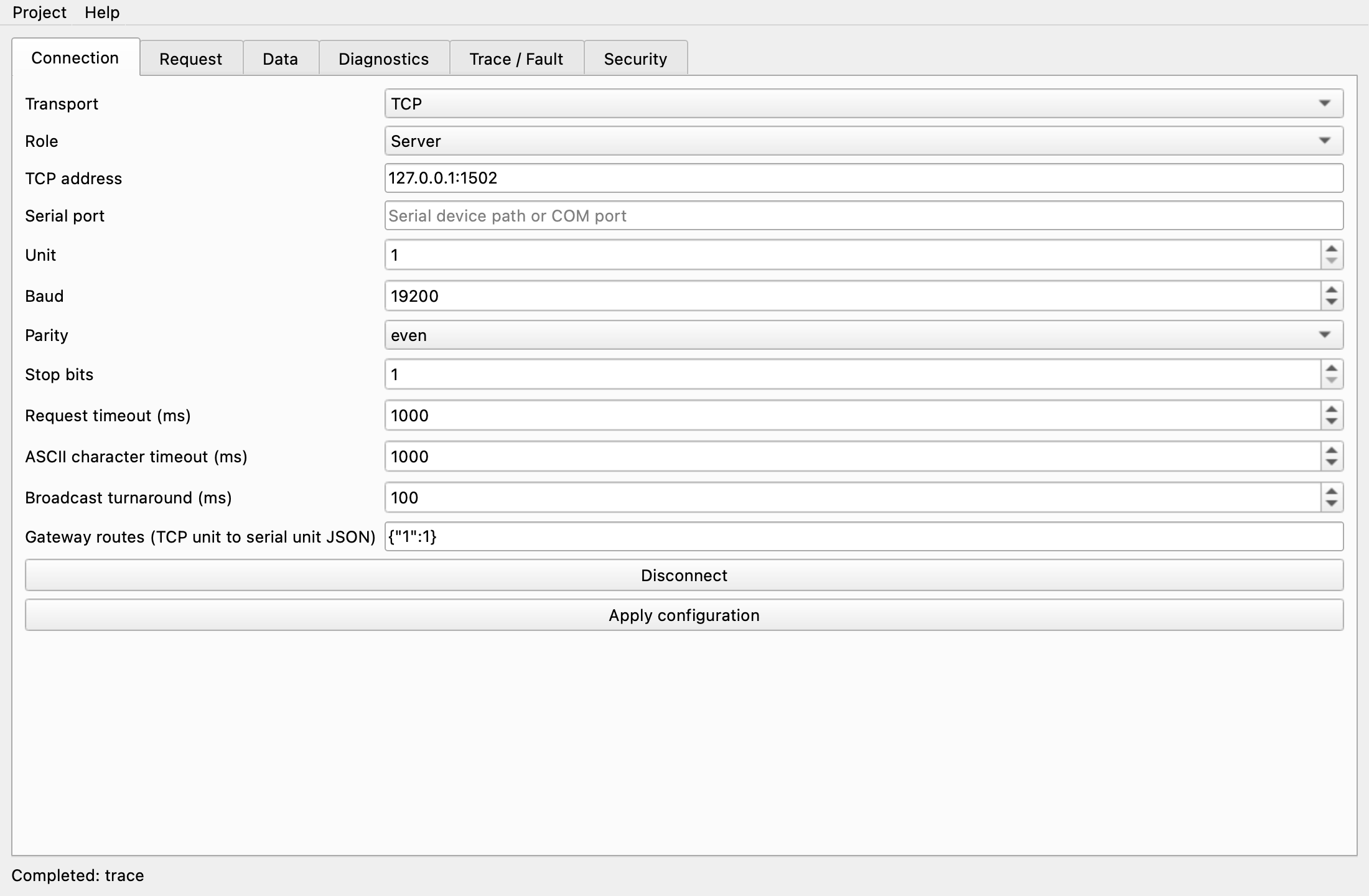 Connection tab connected as a TCP server on 127.0.0.1:1502, showing the Disconnect button
