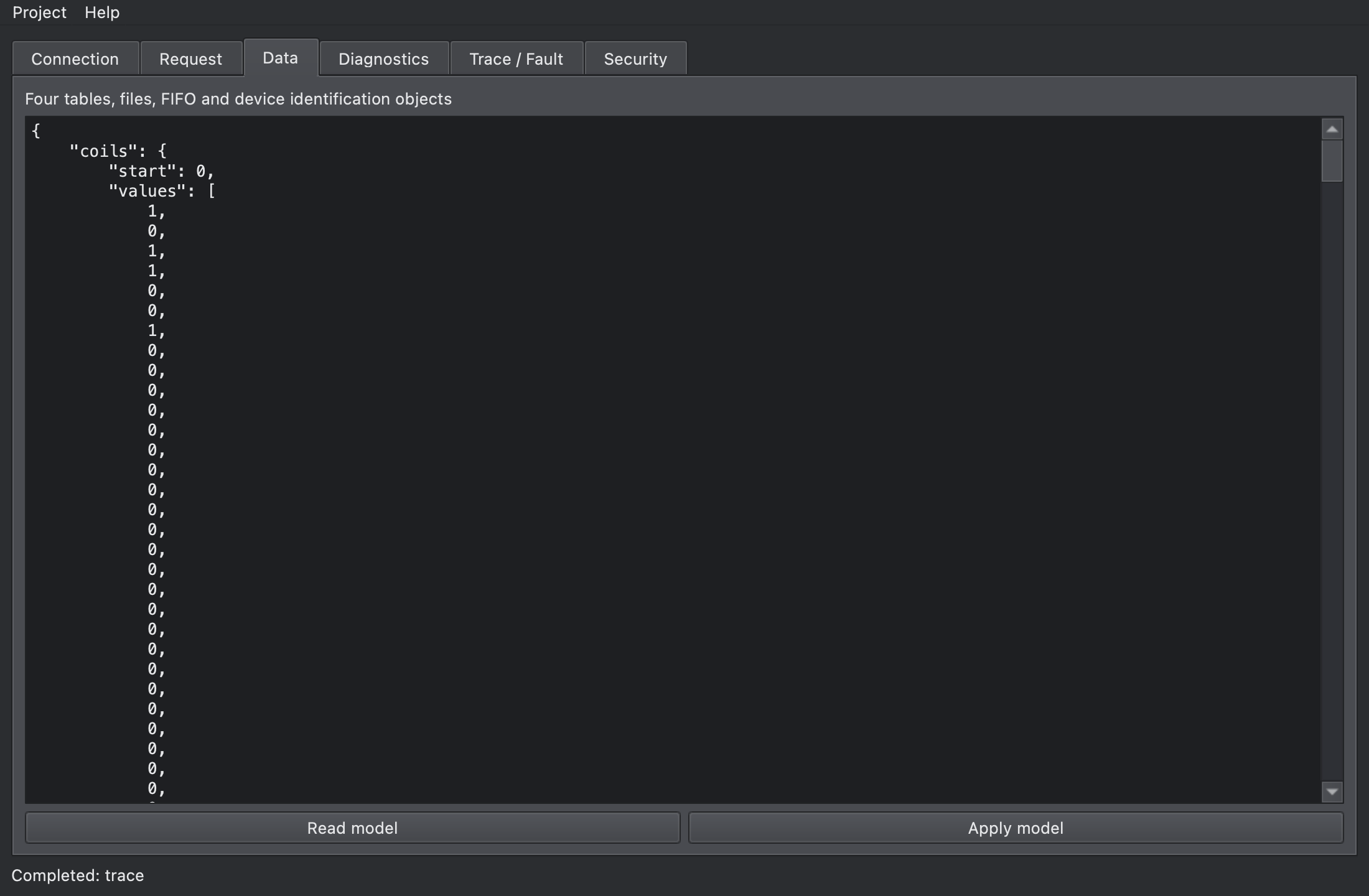 Data tab: JSON editor showing coils, discrete inputs, registers, files, FIFOs and device identification objects