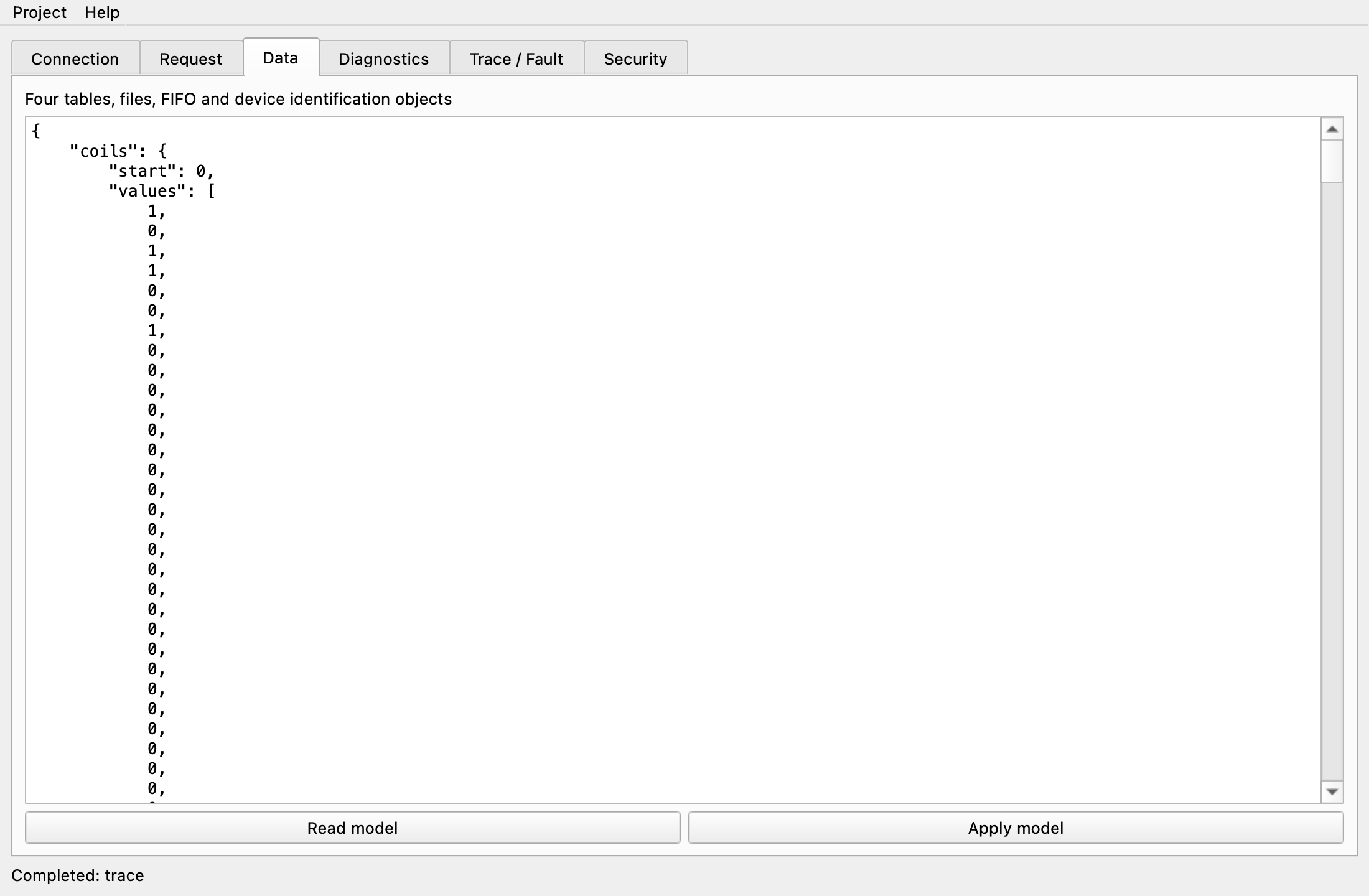 Data tab: JSON editor showing coils, discrete inputs, registers, files, FIFOs and device identification objects