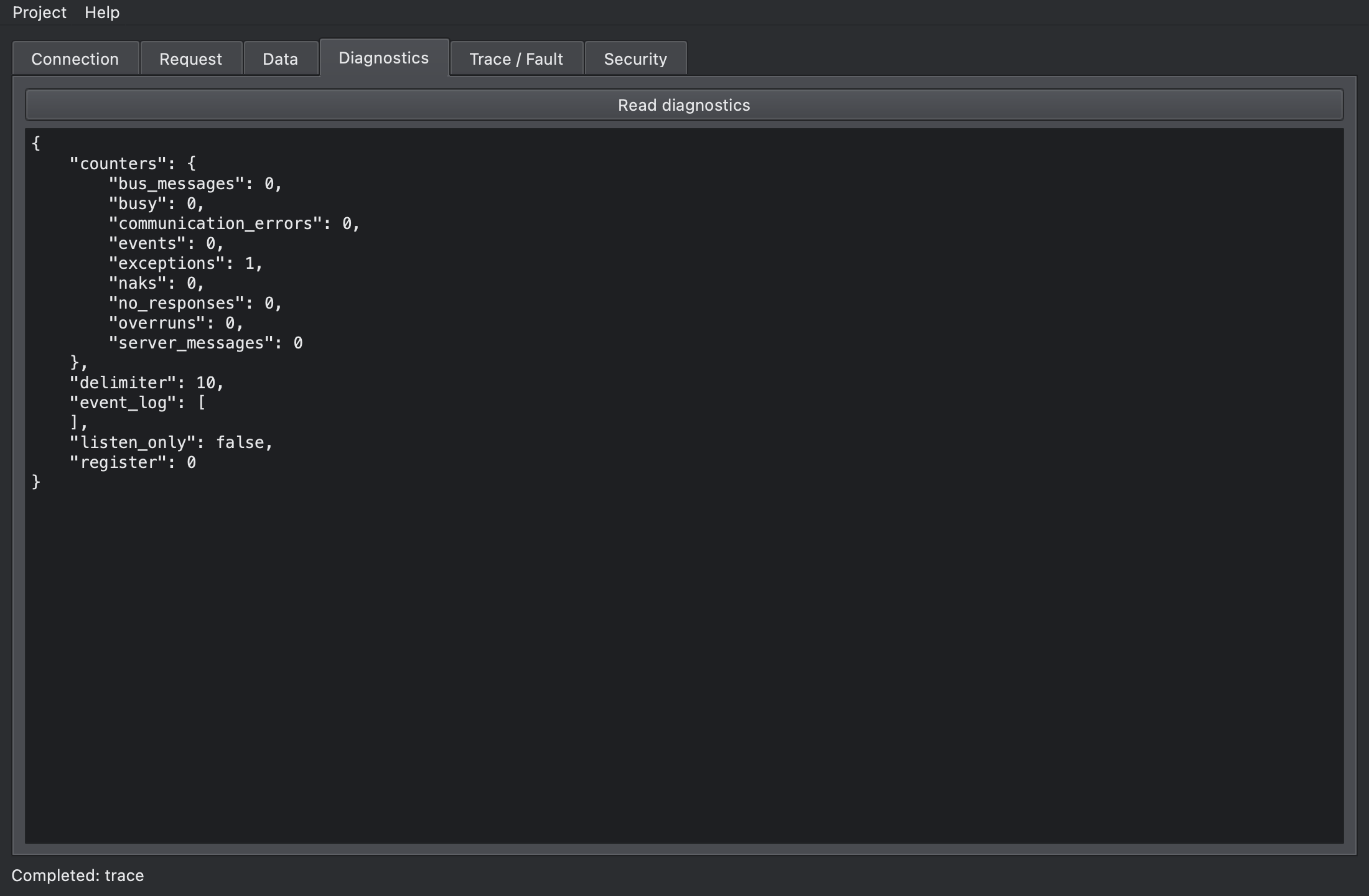 Diagnostics tab showing counters, delimiter, event_log, listen_only and register
