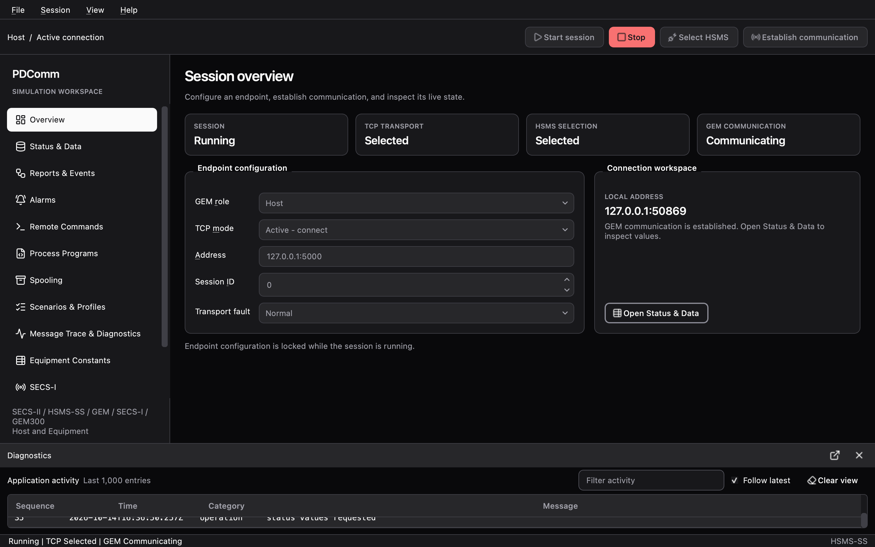 The Diagnostics dock below the Overview of a Host session, recording recent activity in the Application activity table.