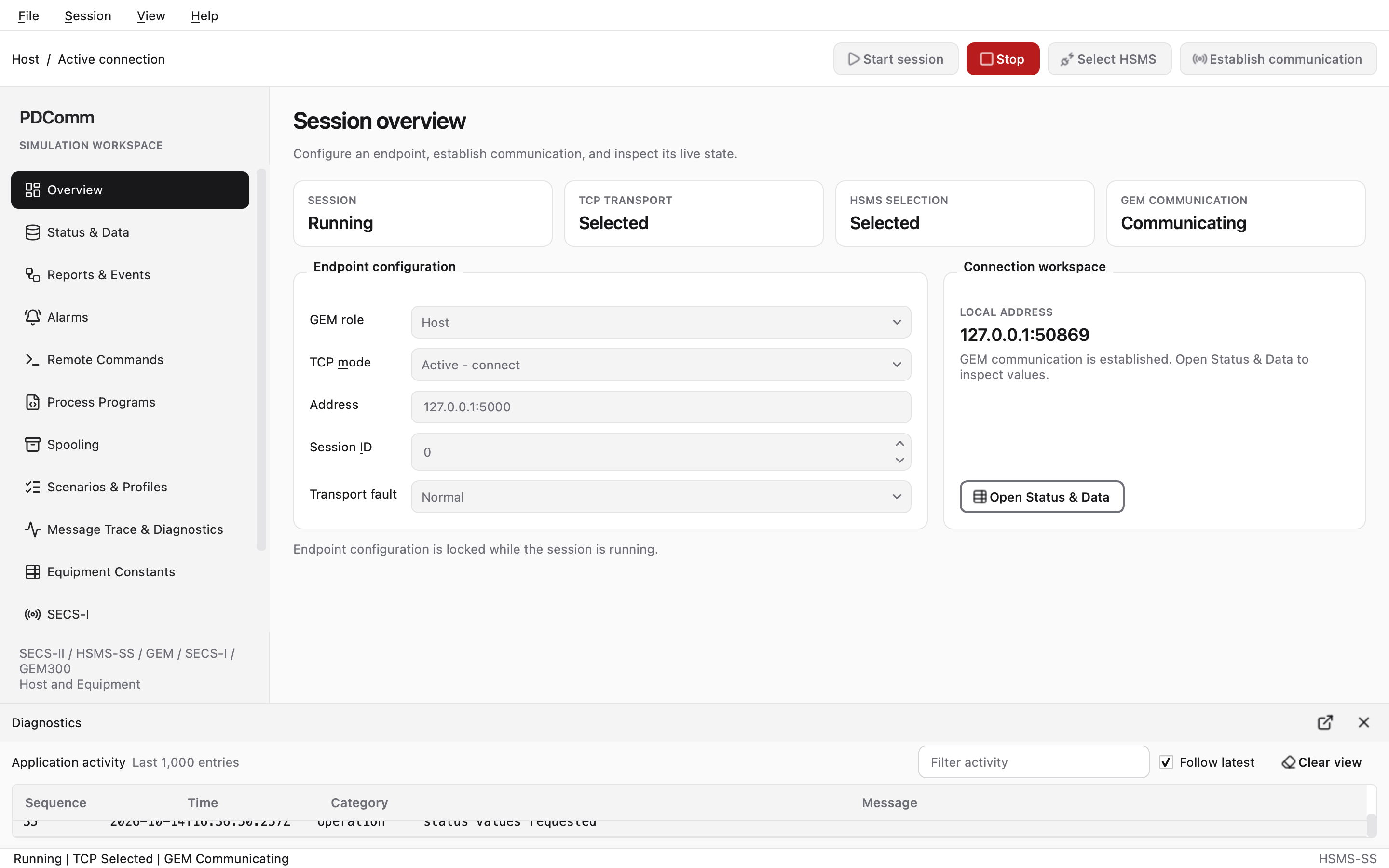 The Diagnostics dock below the Overview of a Host session, recording recent activity in the Application activity table.