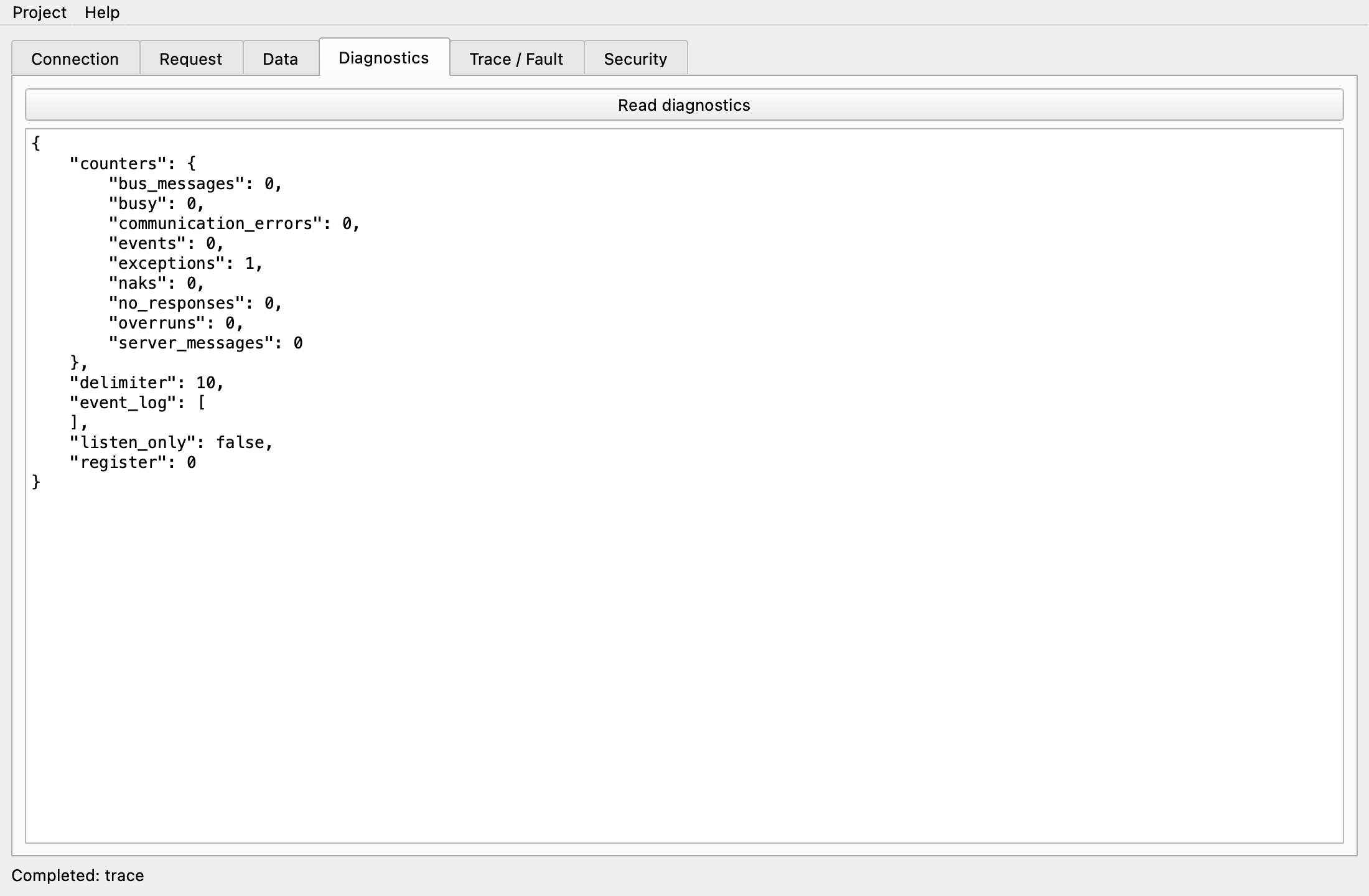Diagnostics tab showing counters, delimiter, event_log, listen_only and register
