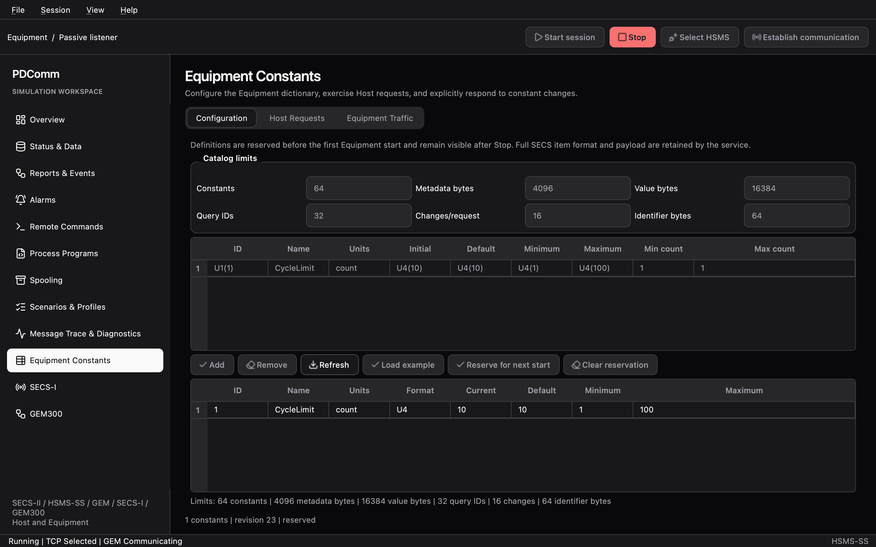 Configuration tab of Equipment Constants on the Equipment showing the constant catalog.