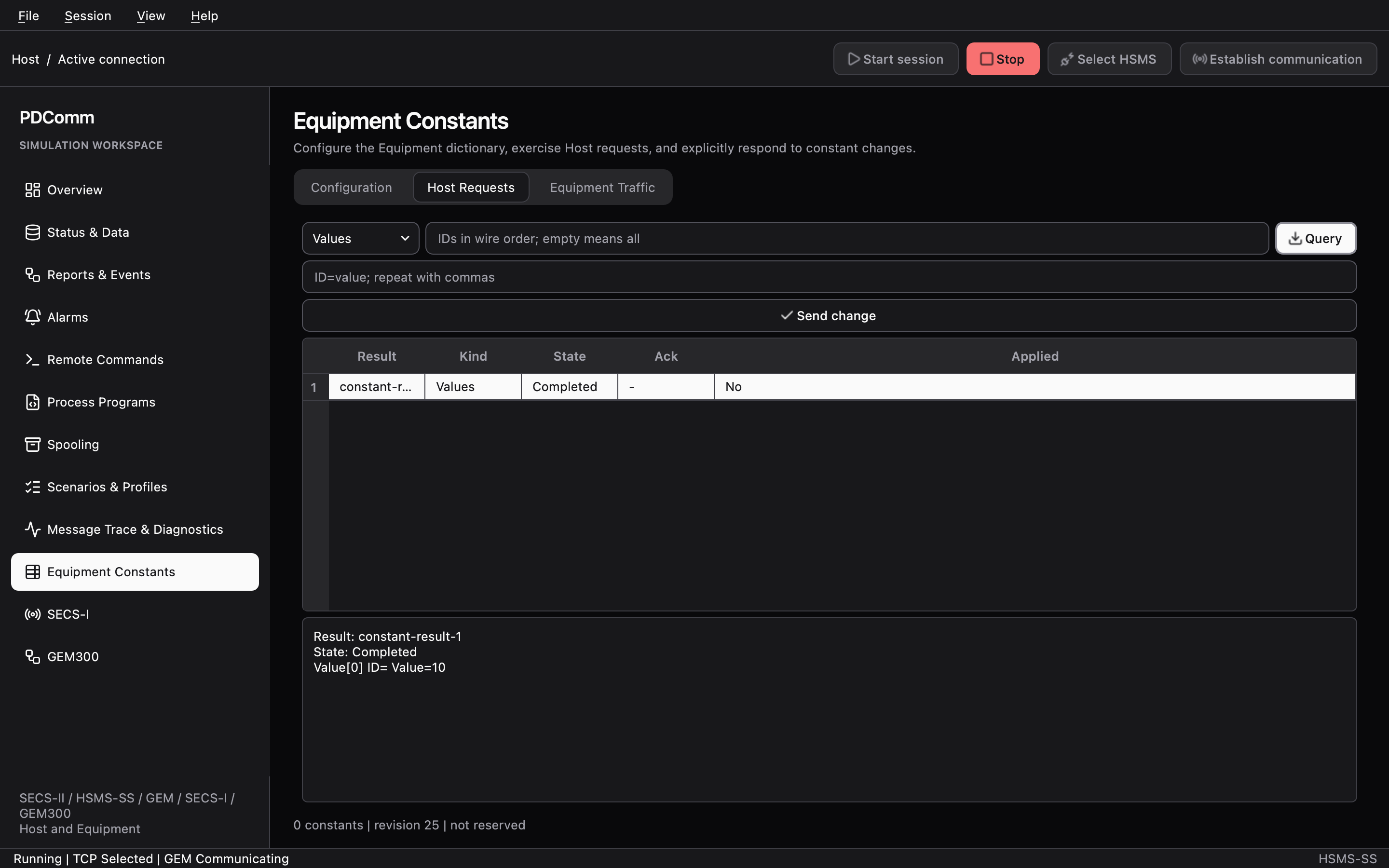 Host Requests tab of Equipment Constants on the Host showing constant values read from the Equipment.