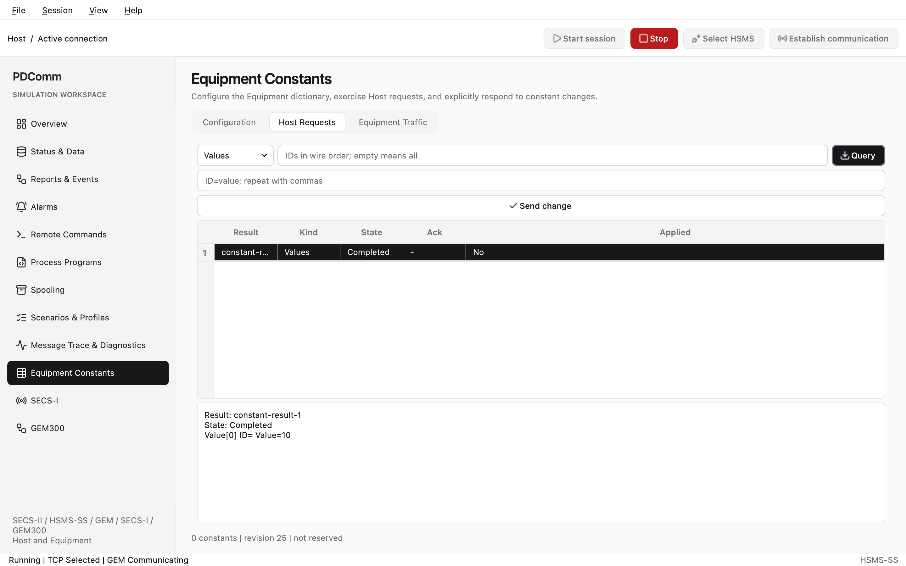 Host Requests tab of Equipment Constants on the Host showing constant values read from the Equipment.
