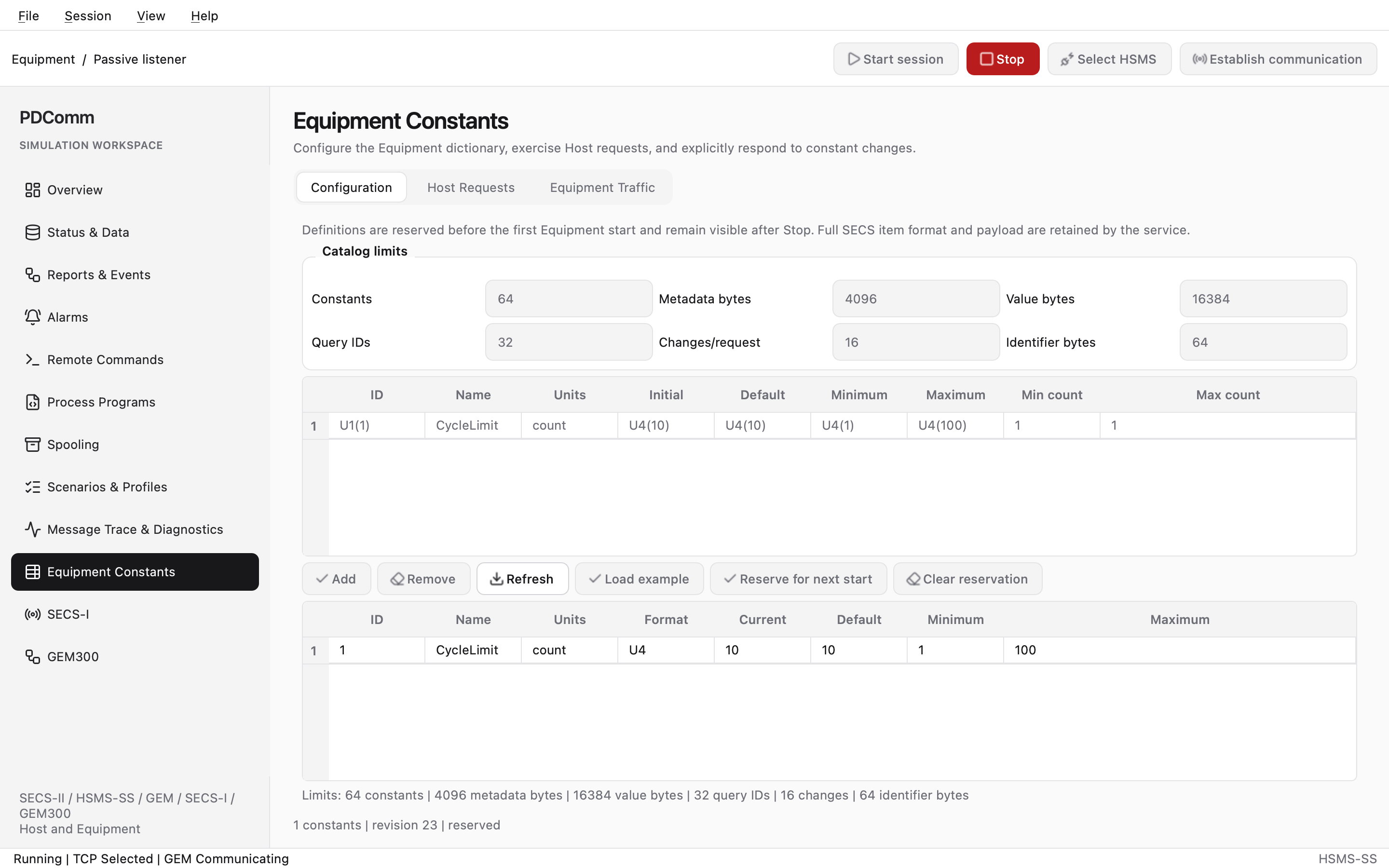 Configuration tab of Equipment Constants on the Equipment showing the constant catalog.