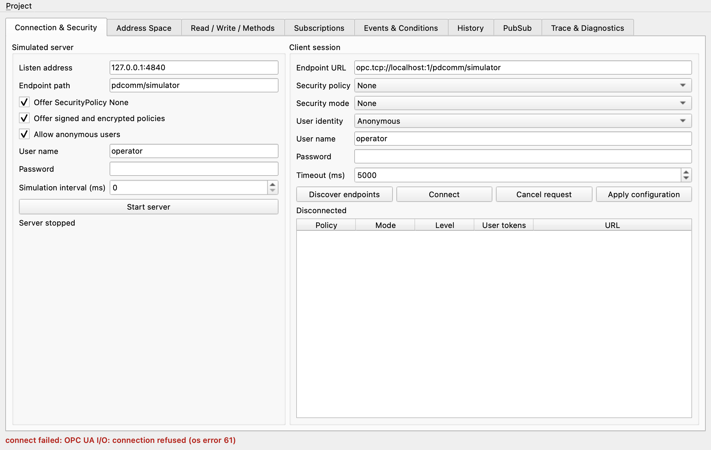 Connection & Security tab with a connection refused error in red on the status line