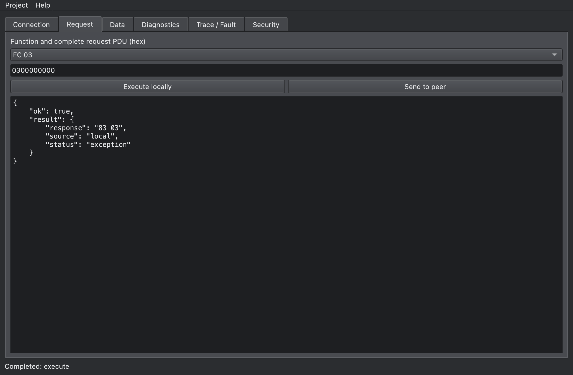 Request tab: PDU 0300000000 executed, response 83 03 with status exception