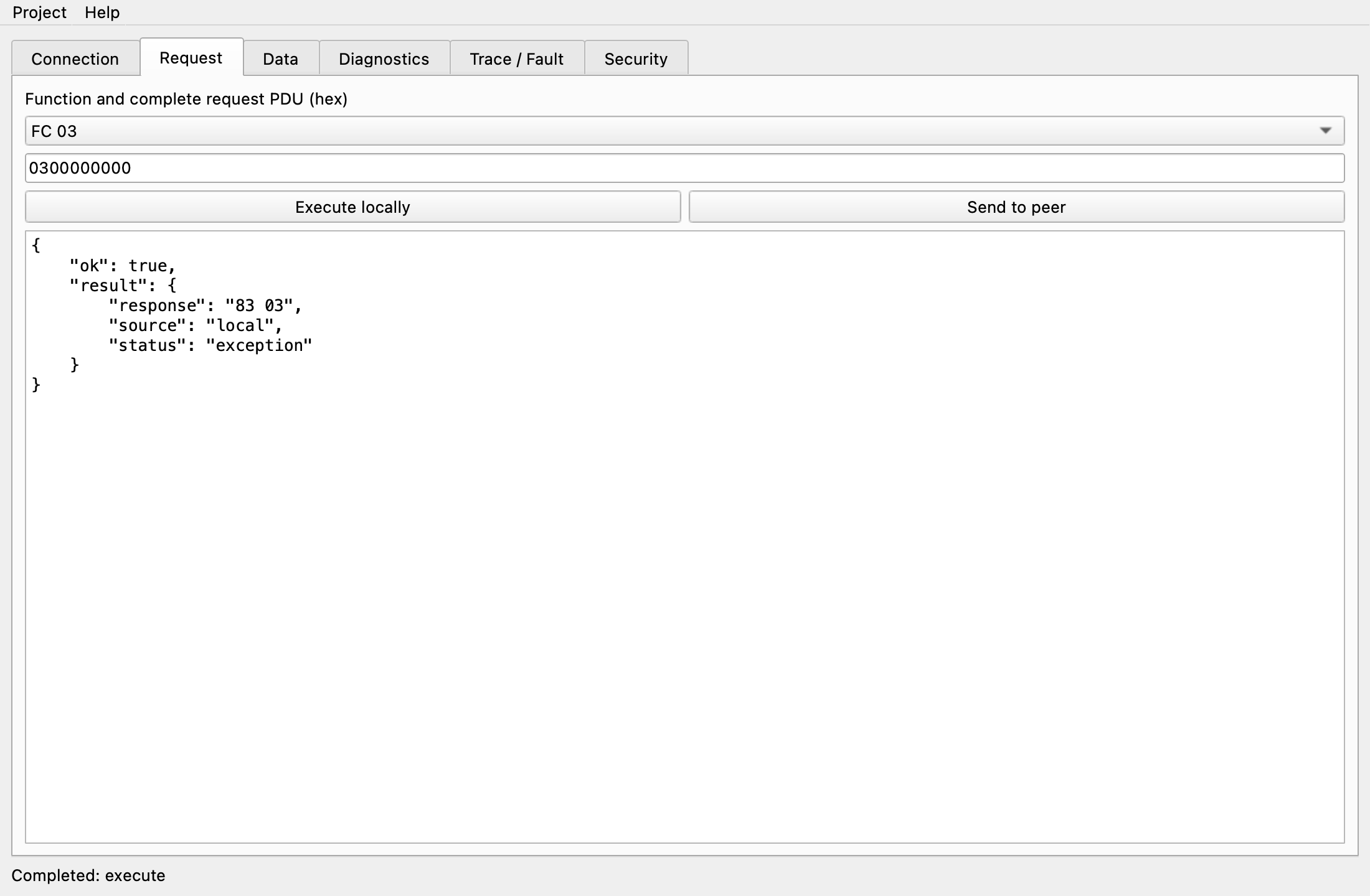 Request tab: PDU 0300000000 executed, response 83 03 with status exception