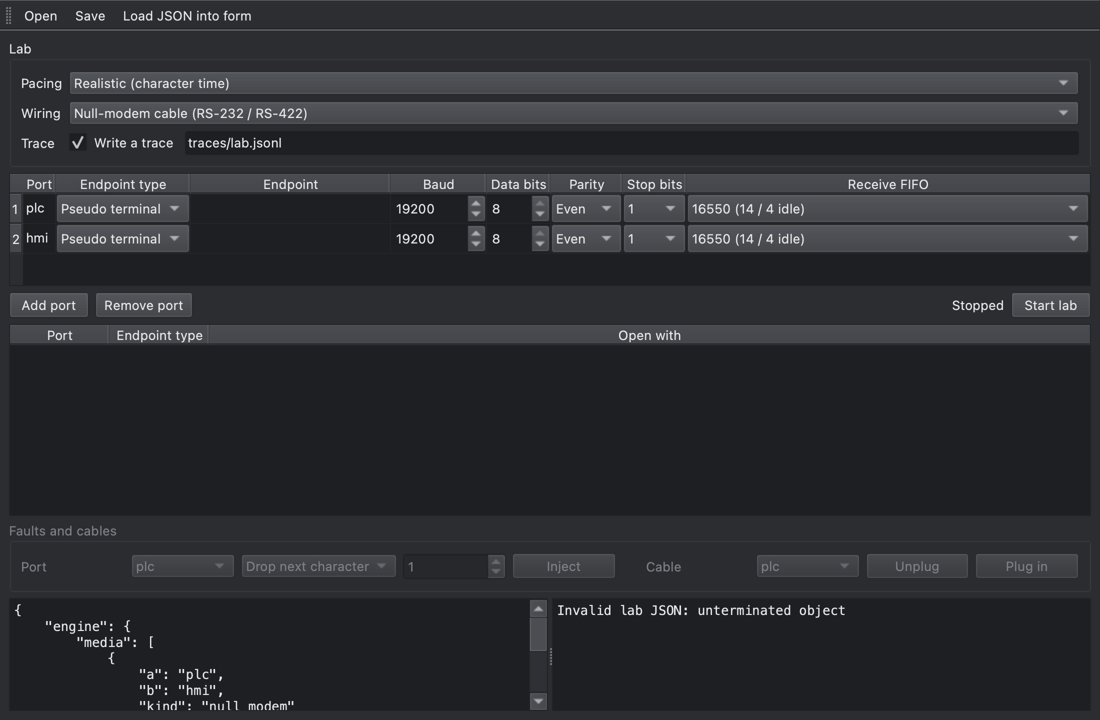 A JSON syntax error reported in the log instead of starting the lab