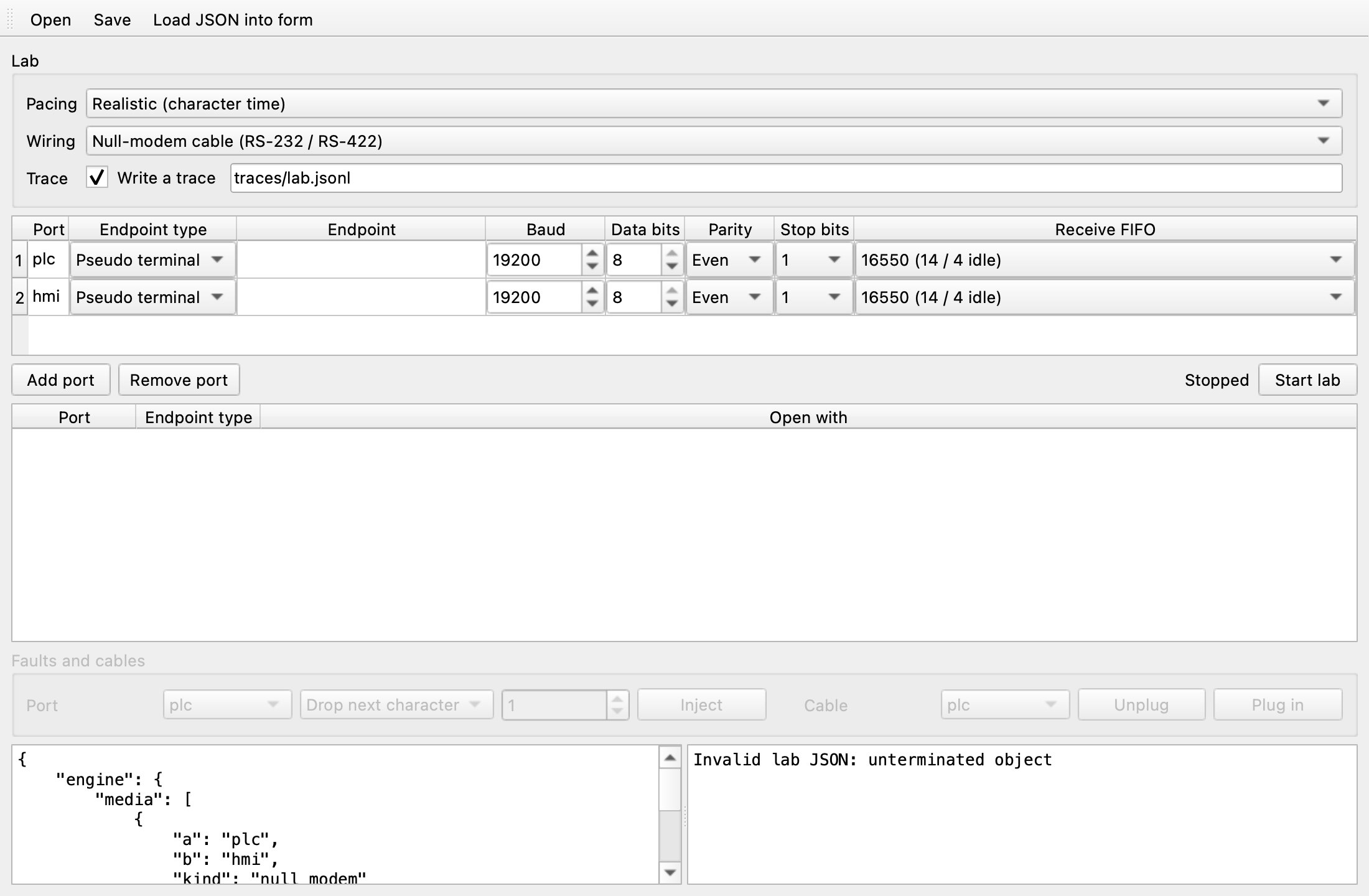 A JSON syntax error reported in the log instead of starting the lab