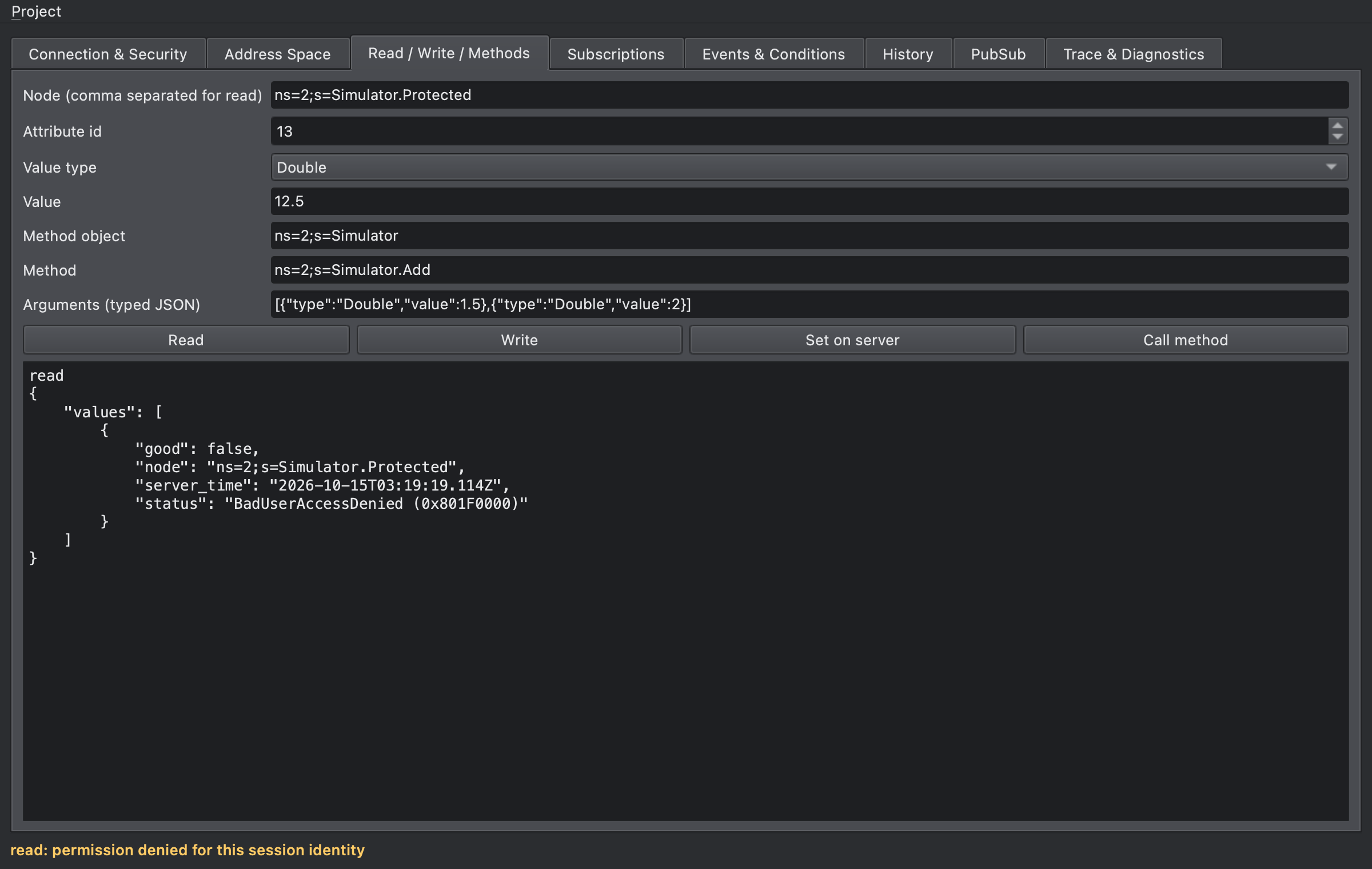 BadUserAccessDenied result of an anonymous session and the amber permission status line