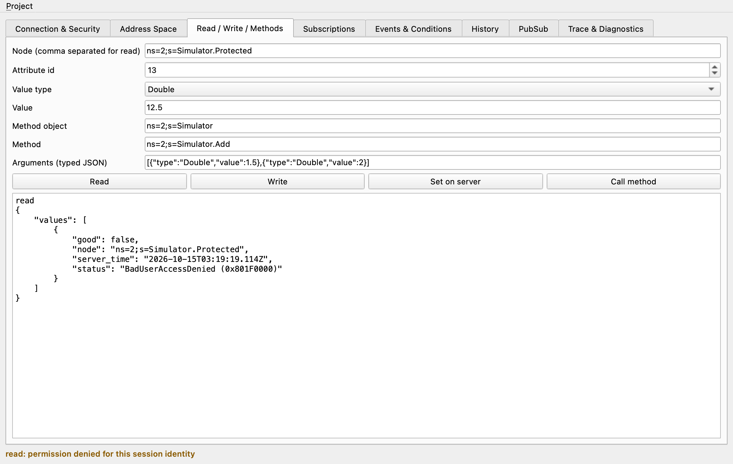 BadUserAccessDenied result of an anonymous session and the amber permission status line