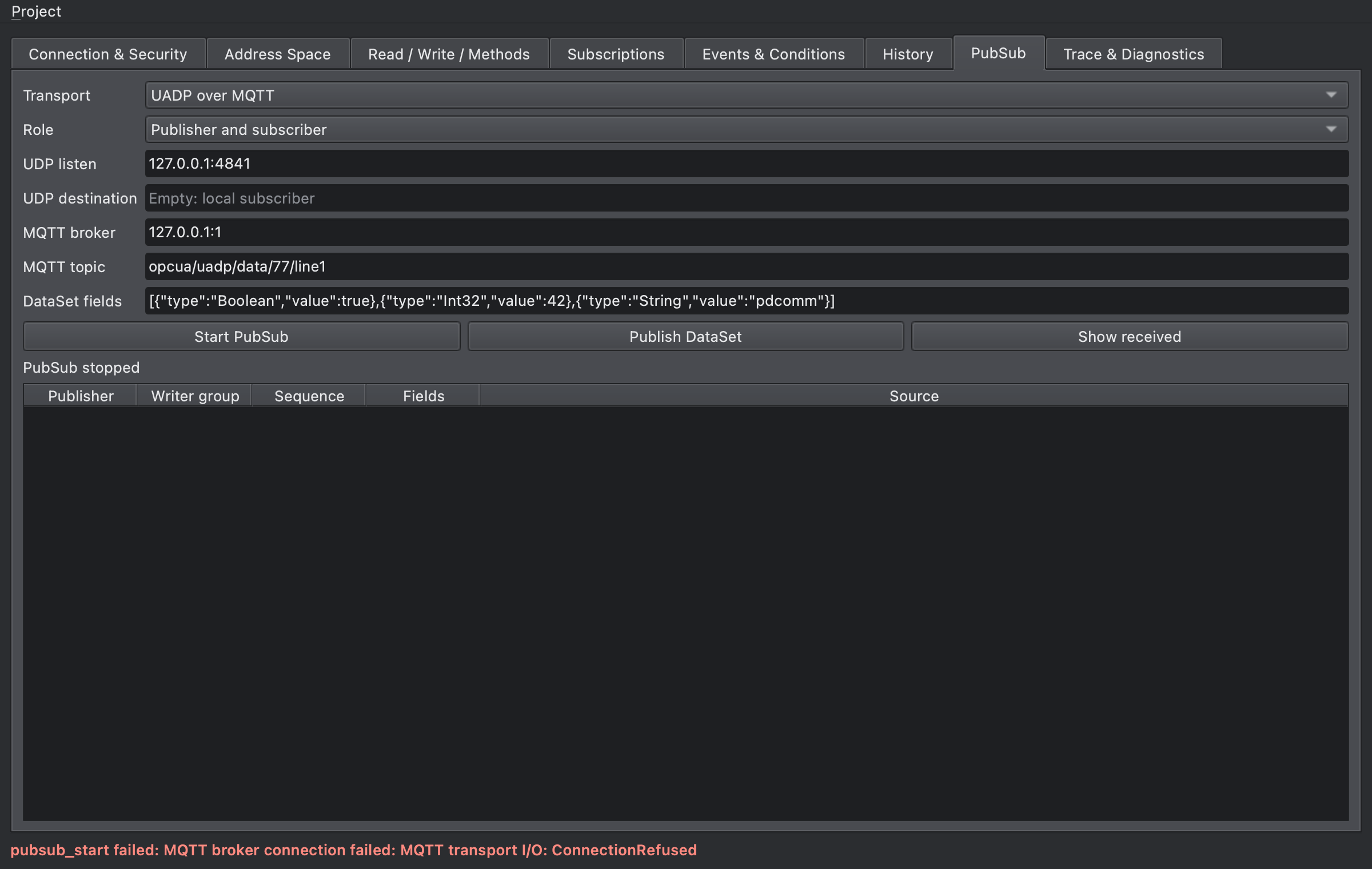 PubSub tab with pubsub_start failed: MQTT broker connection failed: MQTT transport I/O: ConnectionRefused in the status bar