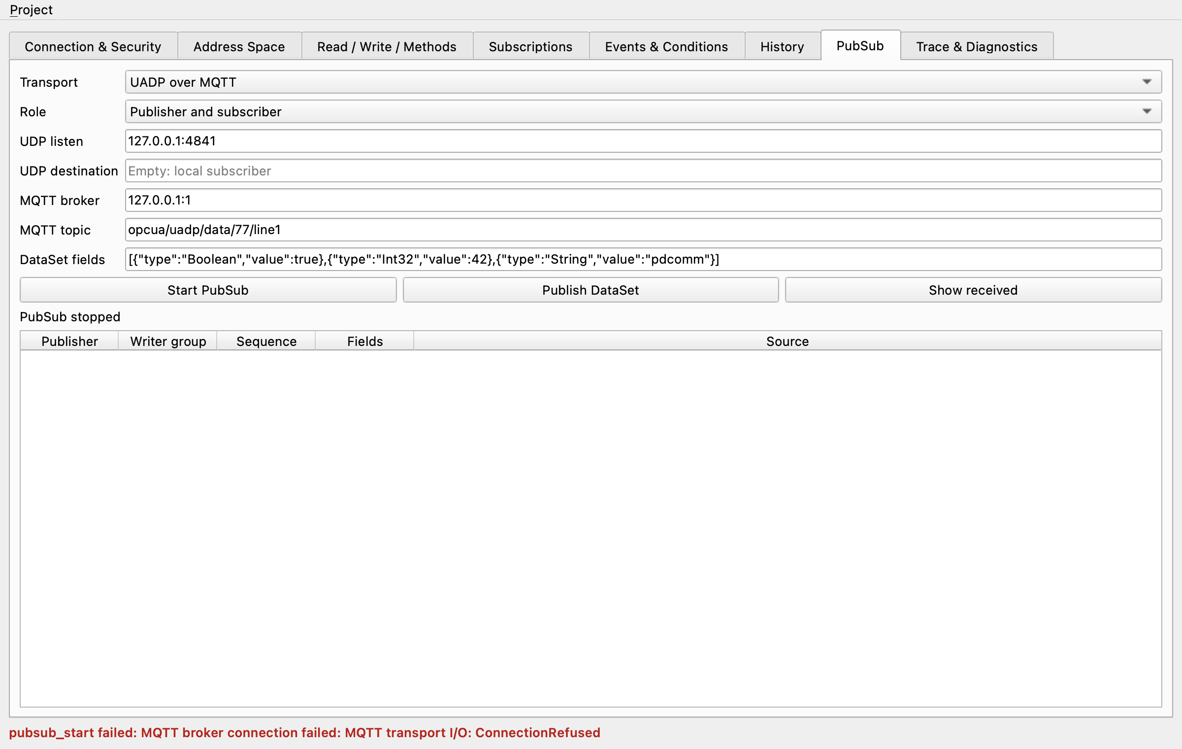 PubSub tab with pubsub_start failed: MQTT broker connection failed: MQTT transport I/O: ConnectionRefused in the status bar