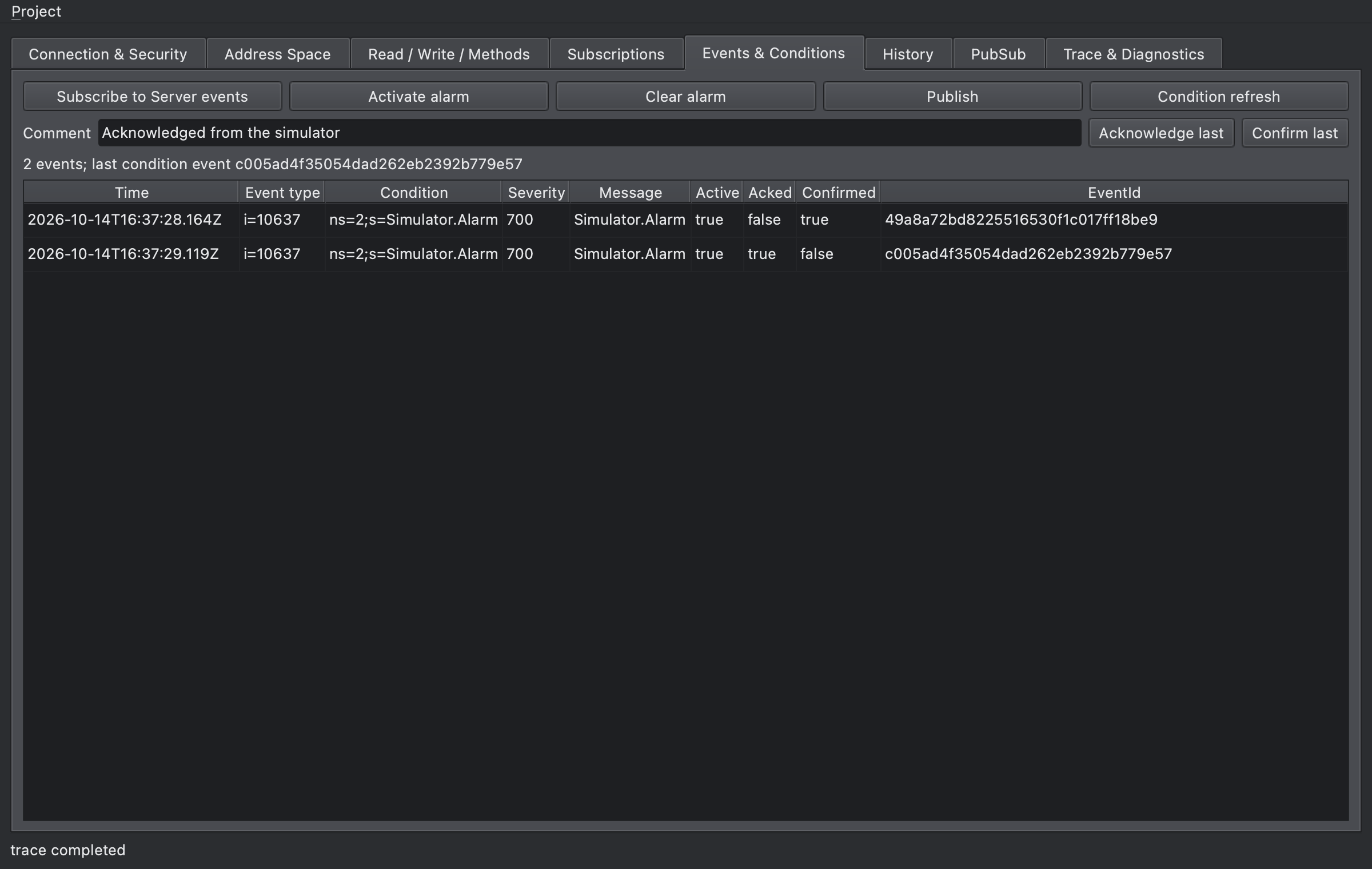 Events & Conditions tab with condition events after the alarm was activated and acknowledged