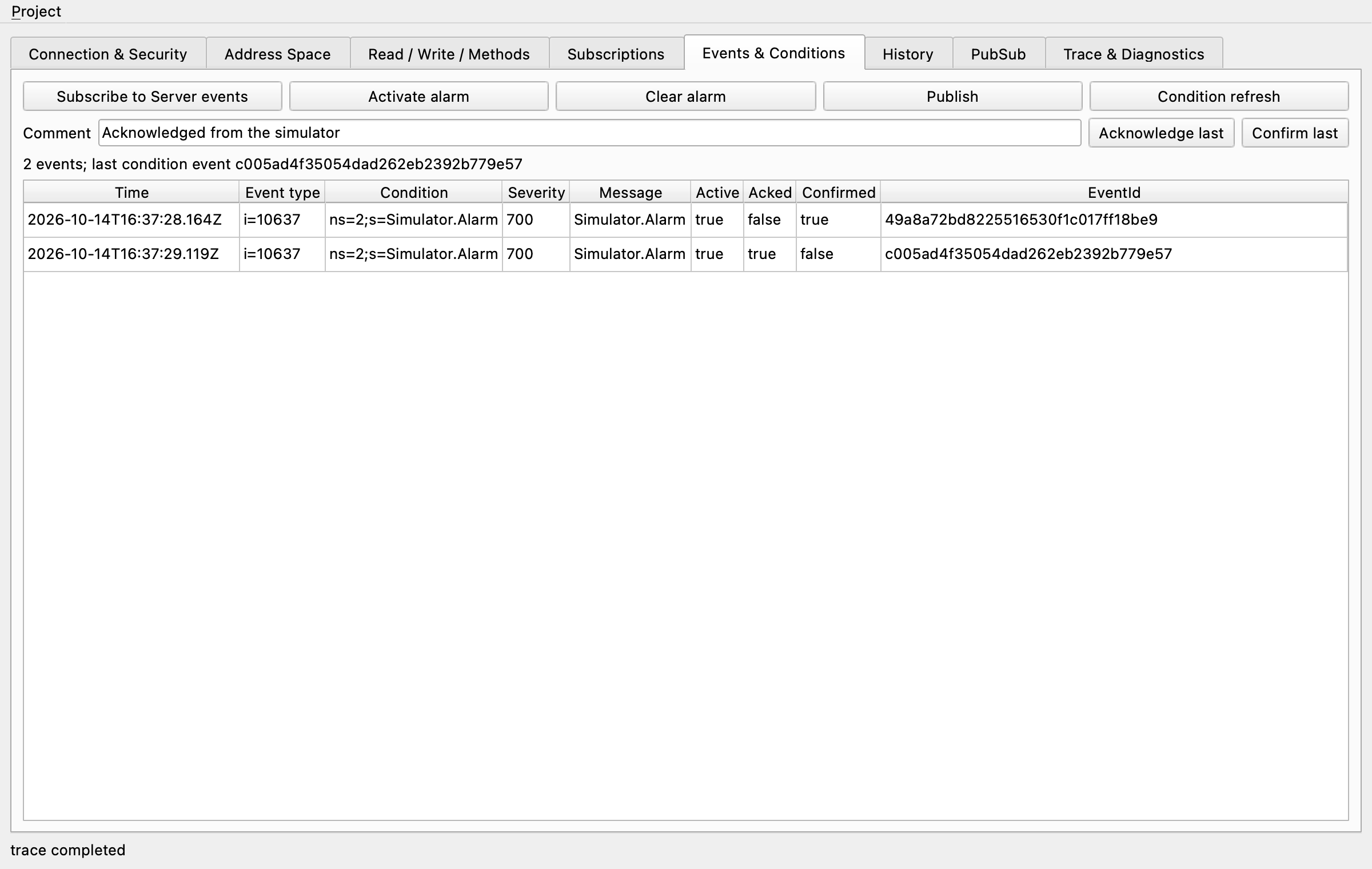 Events & Conditions tab with condition events after the alarm was activated and acknowledged