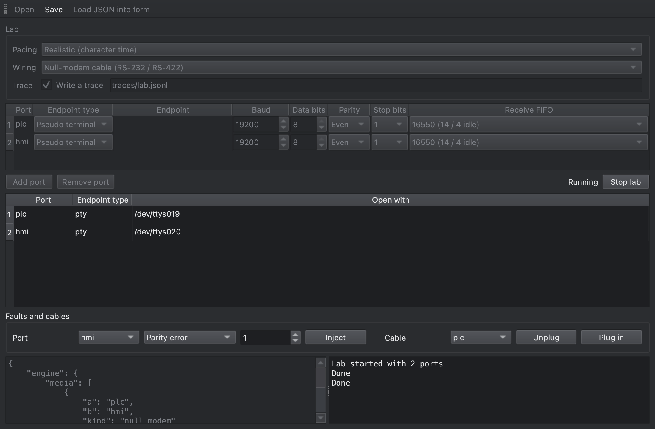 A parity error injected into port hmi and the cable of port plc unplugged