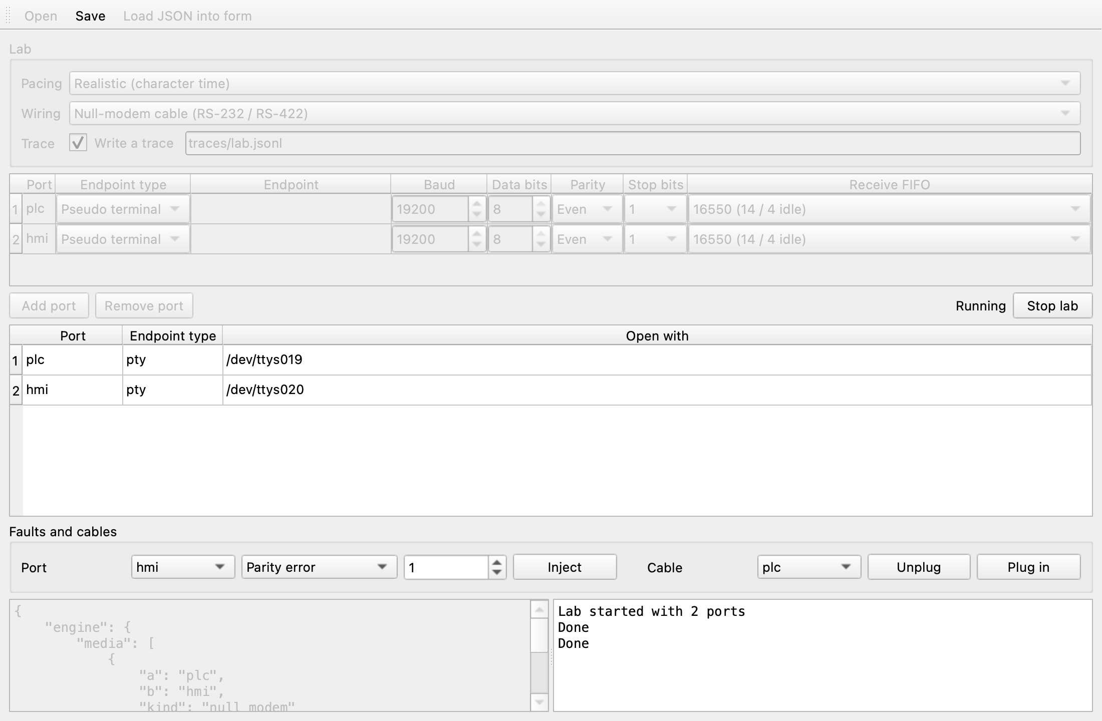 A parity error injected into port hmi and the cable of port plc unplugged