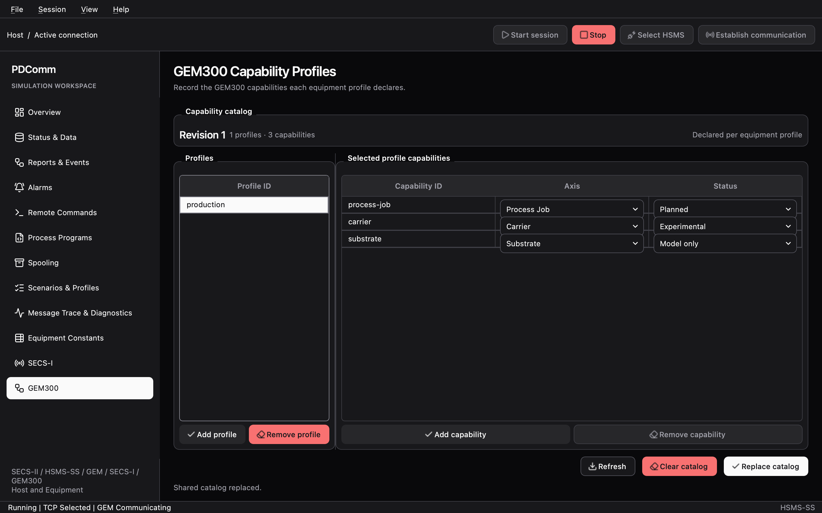 GEM300 Capability Profiles workspace showing profiles and their declared capabilities.
