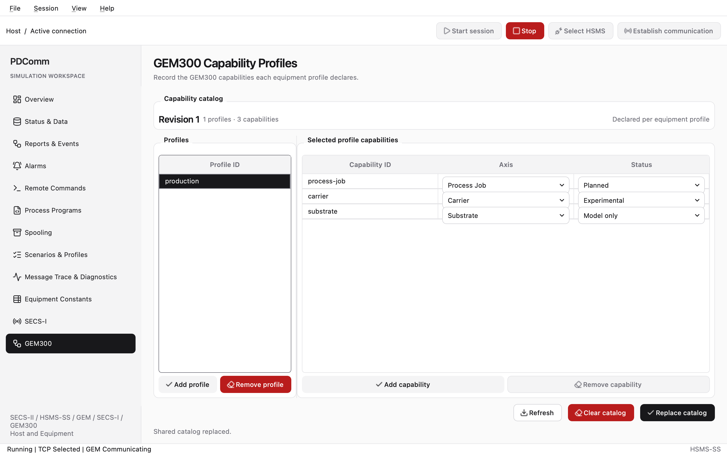 GEM300 Capability Profiles workspace showing profiles and their declared capabilities.
