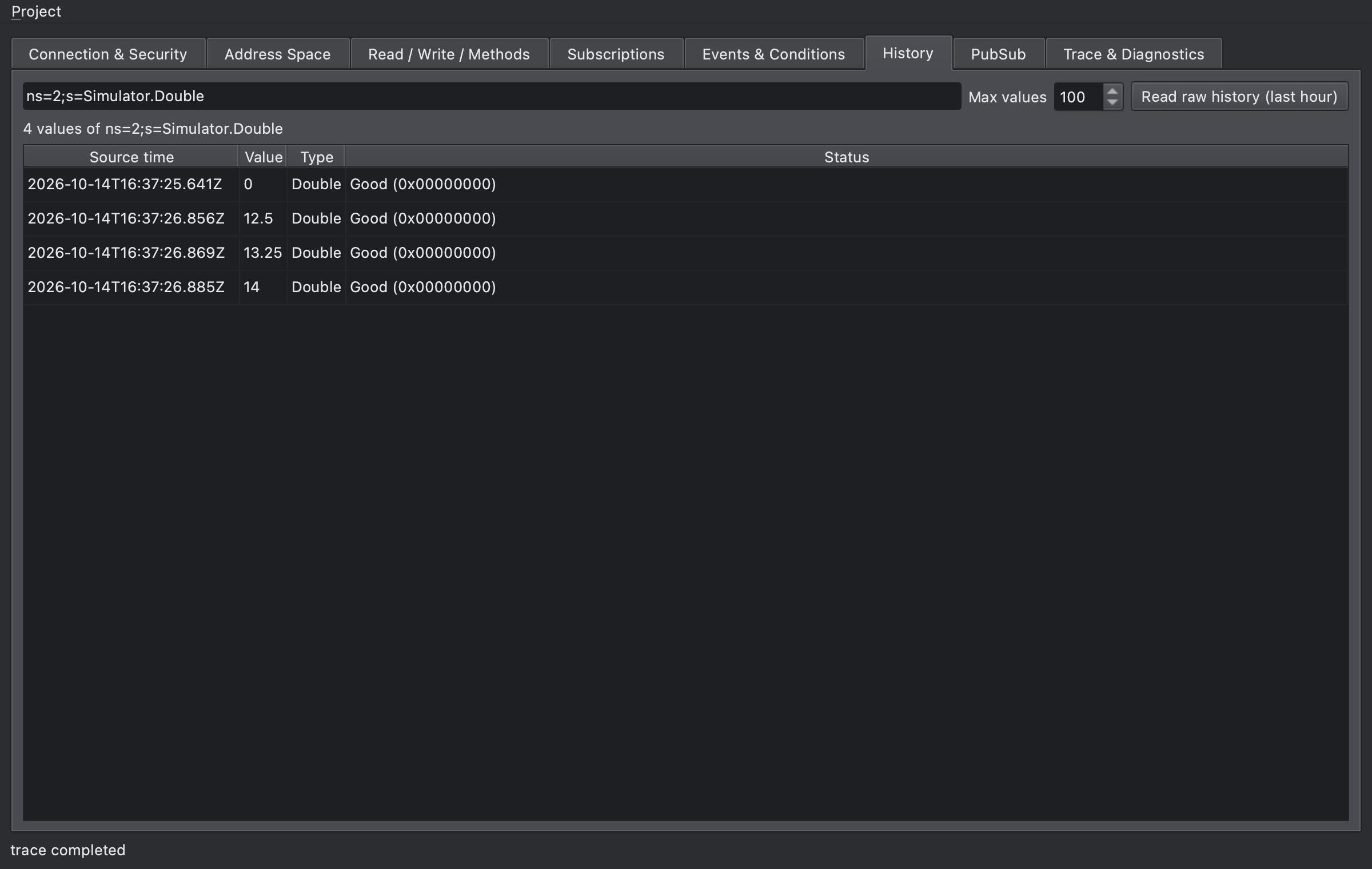 History tab with raw history values of Simulator.Double