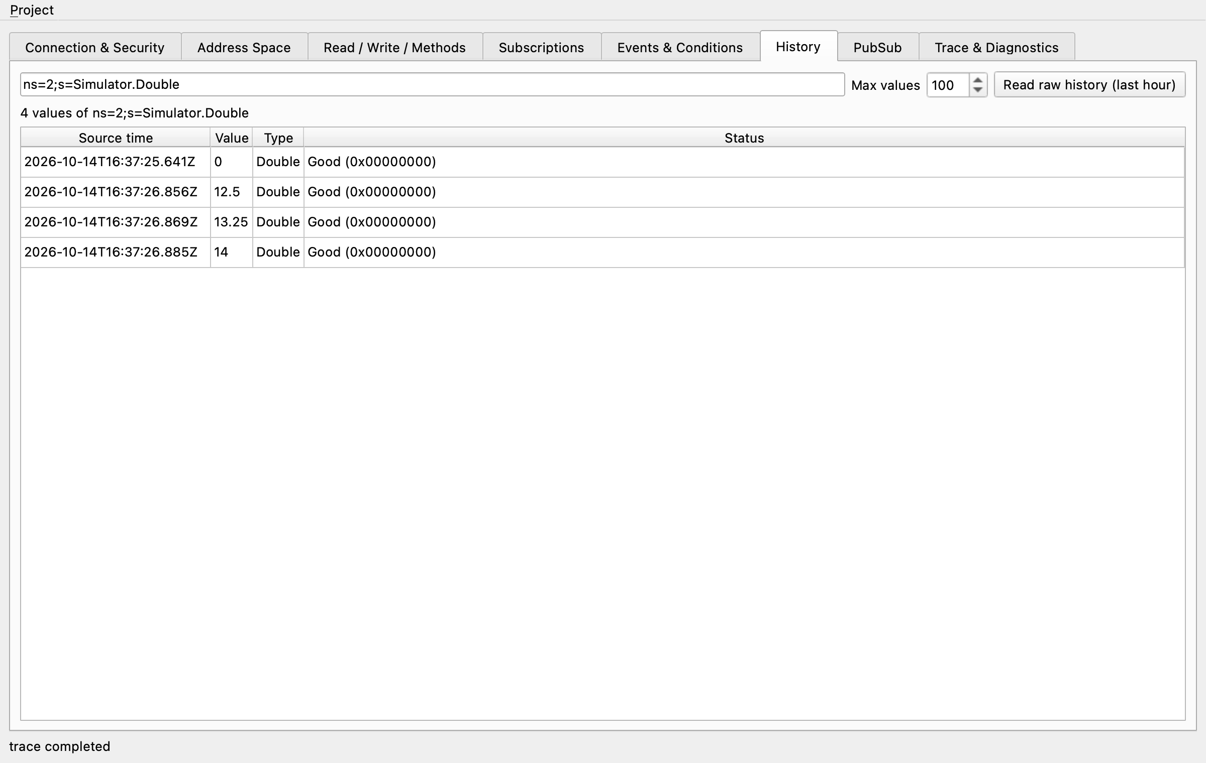 History tab with raw history values of Simulator.Double