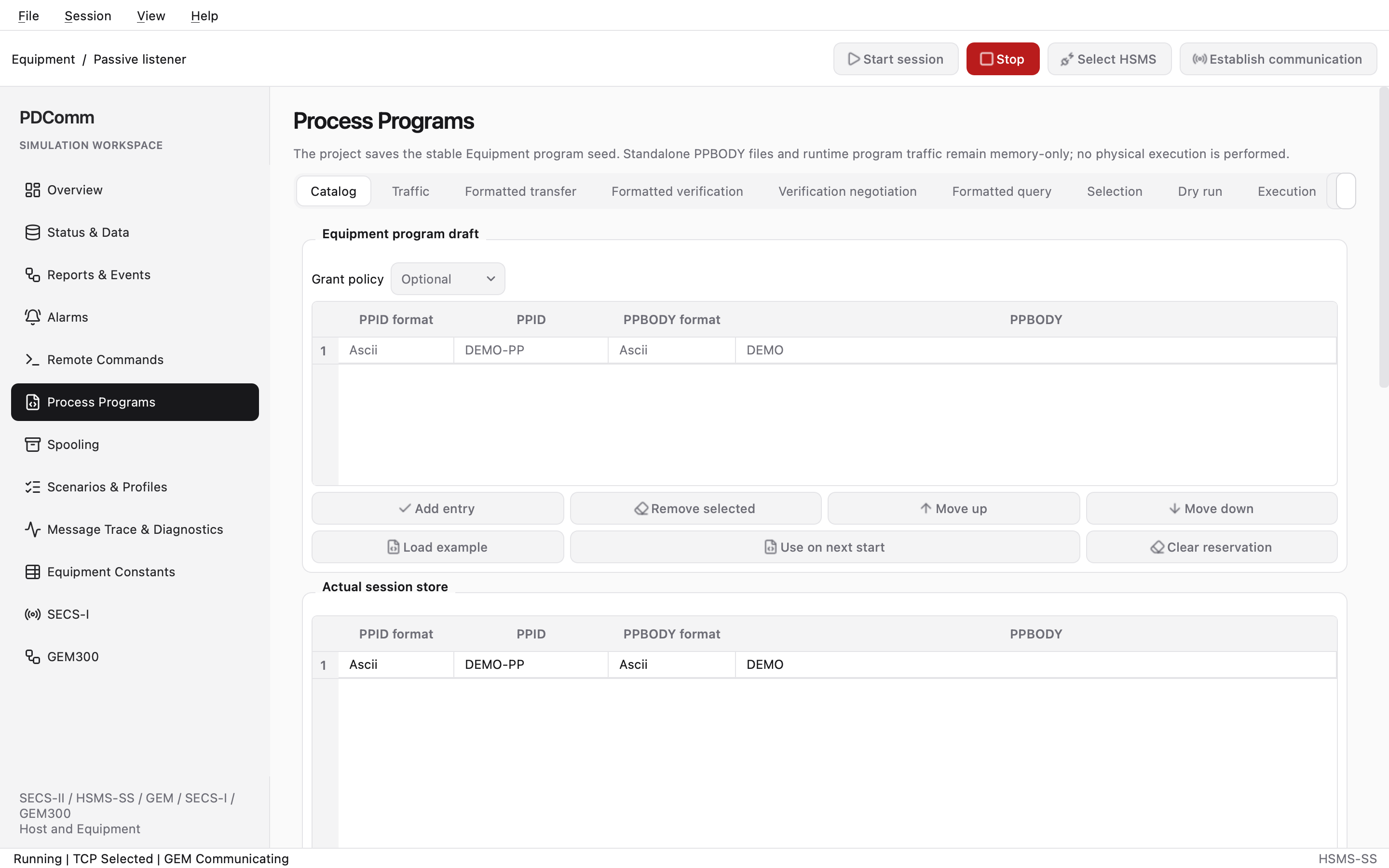 Catalog tab of Process Programs on the Equipment showing the process program store.