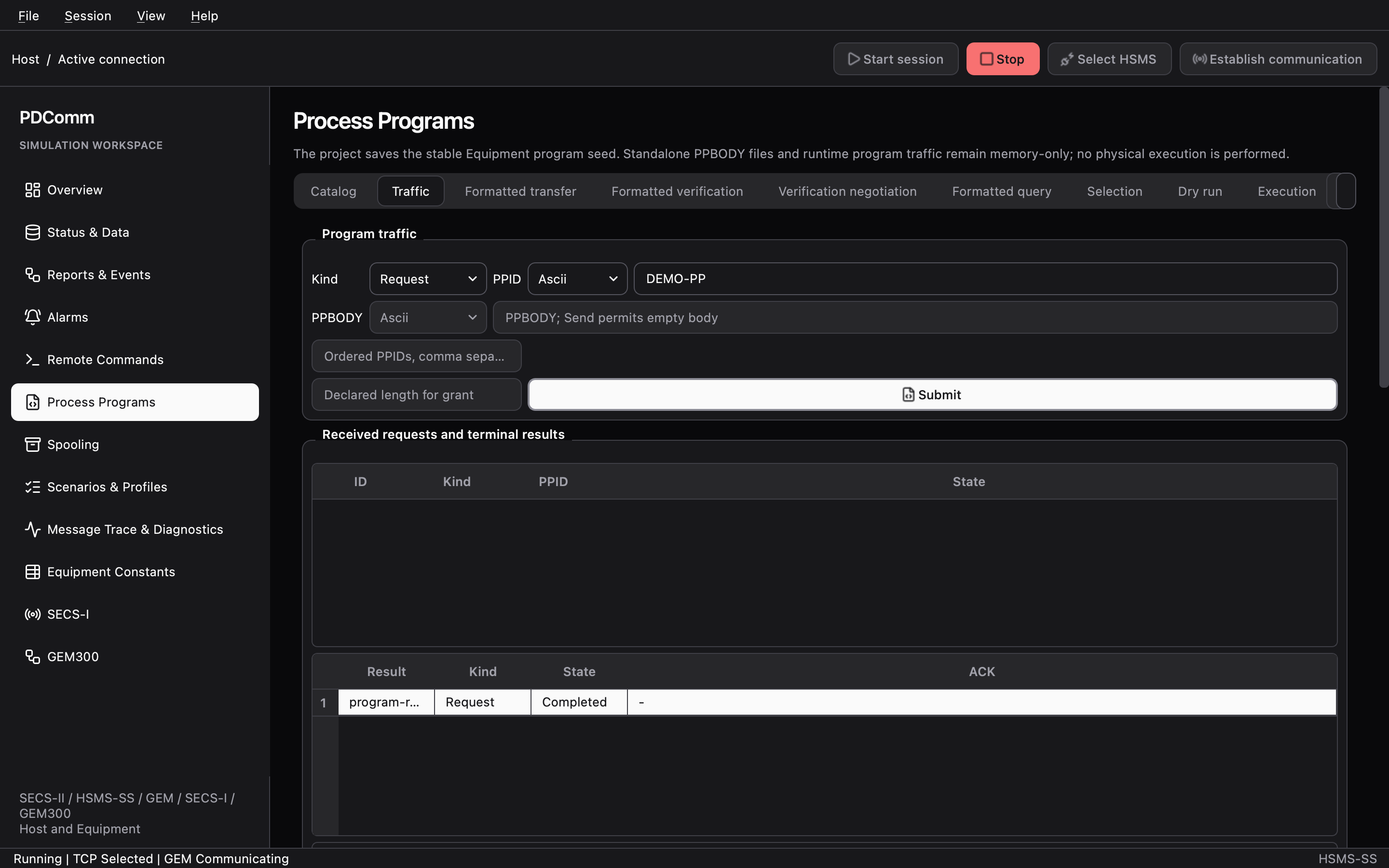 Traffic tab of Process Programs on the Host showing the result of a requested process program.