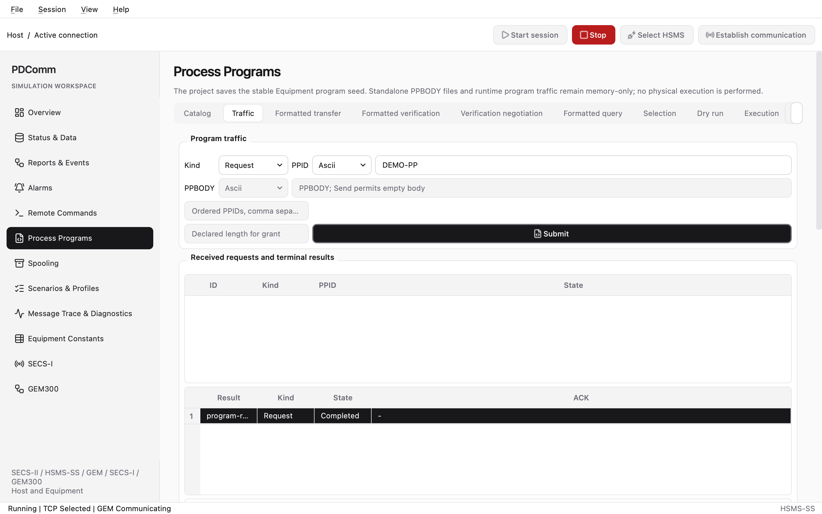 Traffic tab of Process Programs on the Host showing the result of a requested process program.