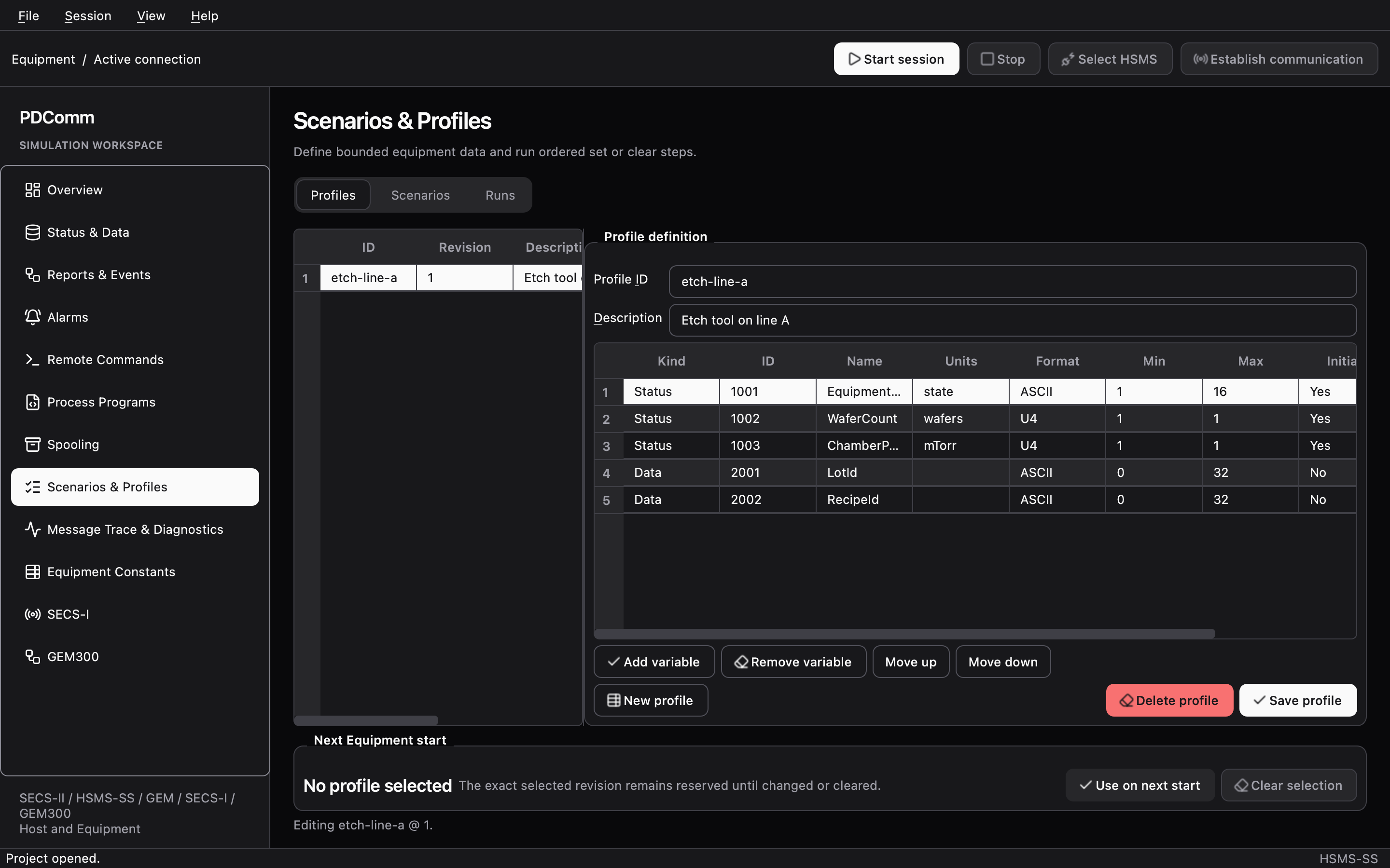 Profiles tab after opening a project, showing the status and data variables of profile etch-line-a.