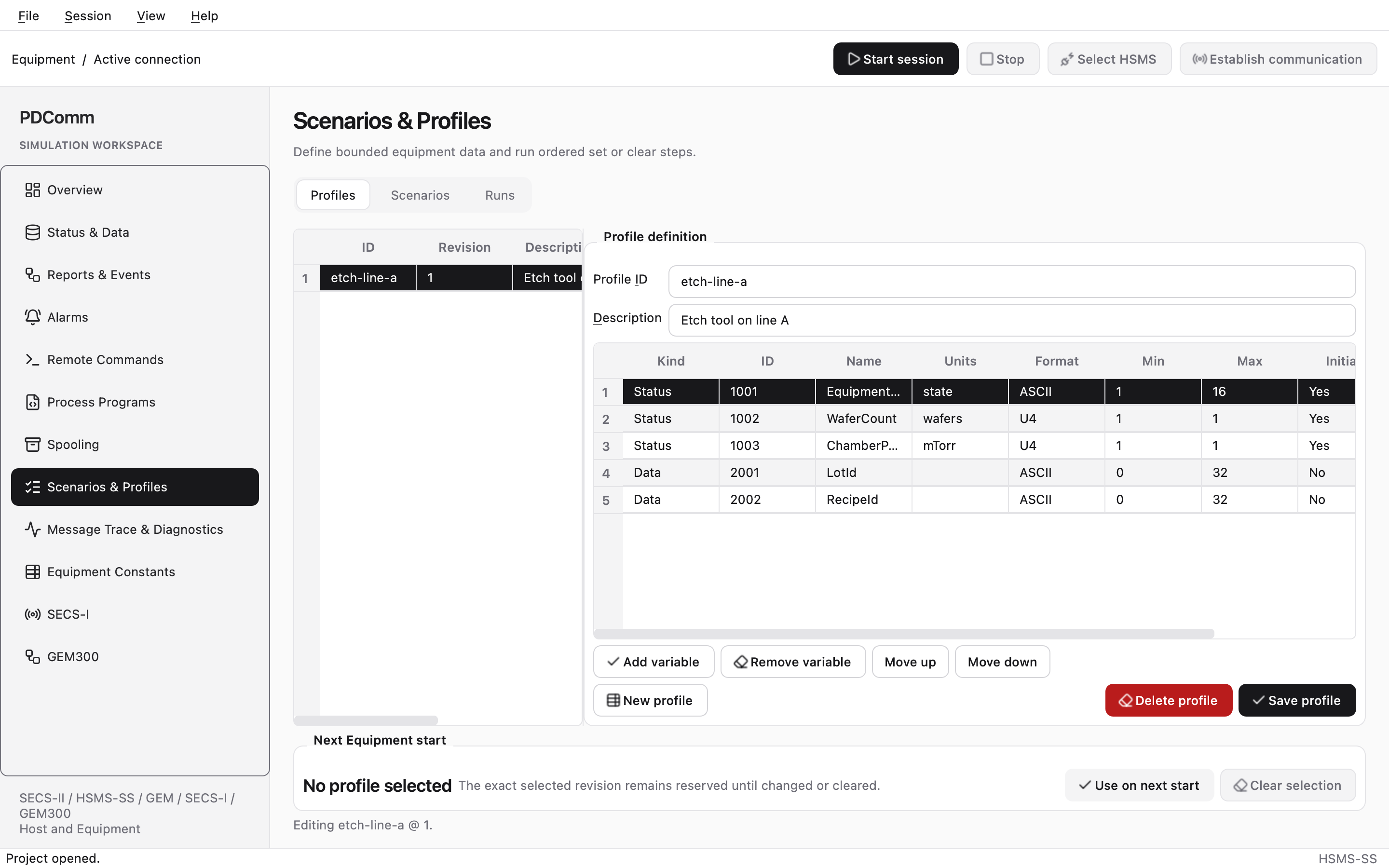 Profiles tab after opening a project, showing the status and data variables of profile etch-line-a.