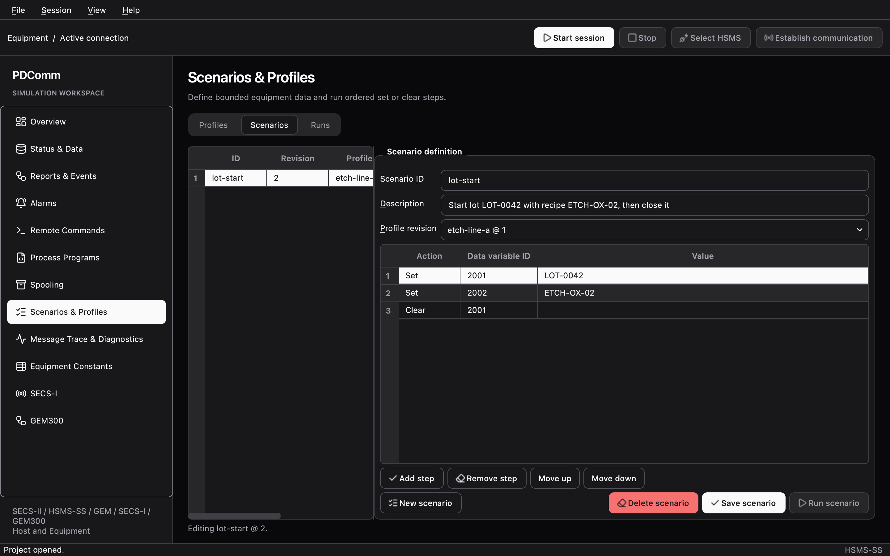 Scenarios tab after opening a project, showing scenario lot-start, which sets data variables 2001 and 2002 and then clears 2001.