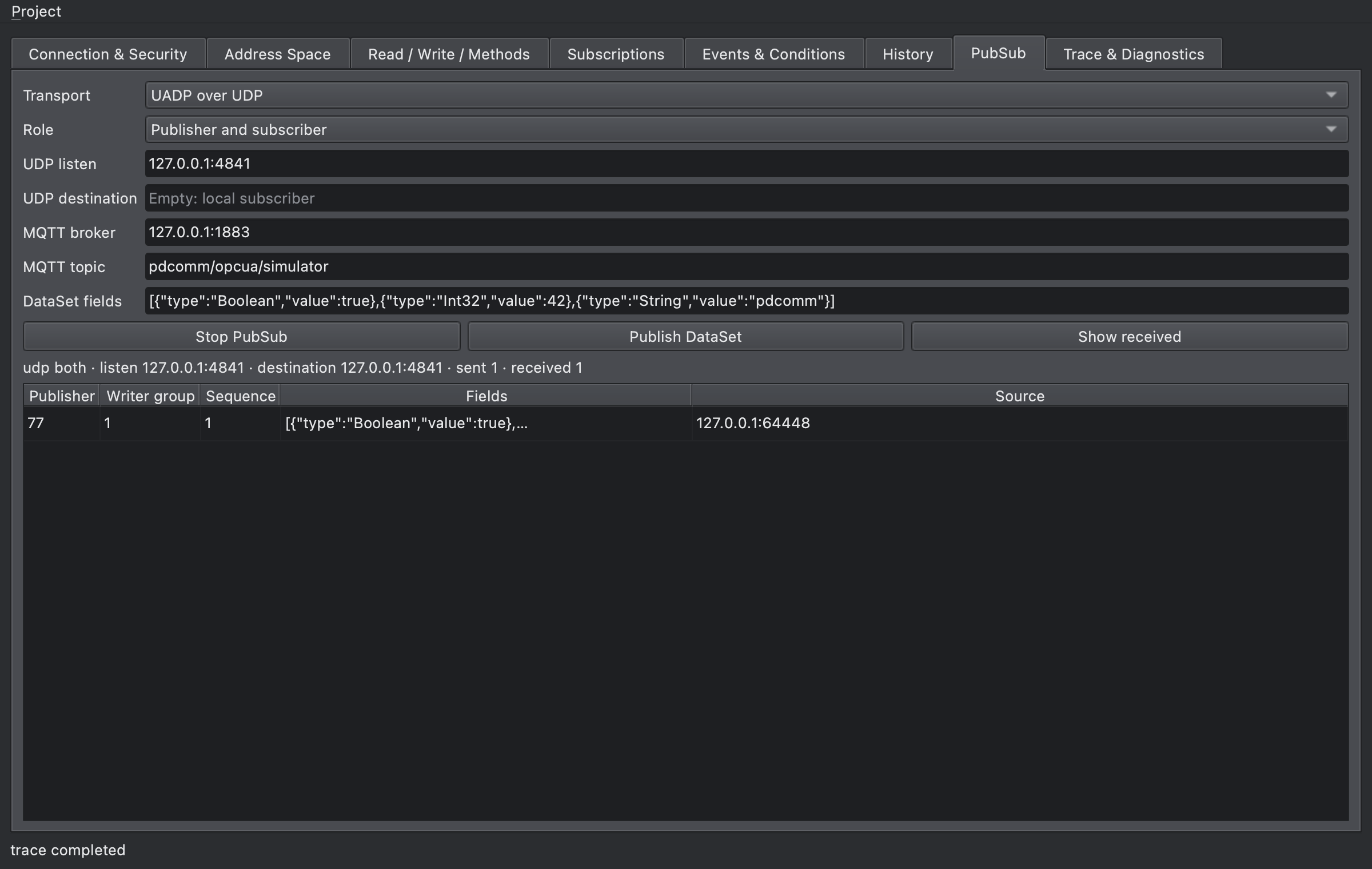 PubSub tab after receiving a UADP DataSet published over UDP