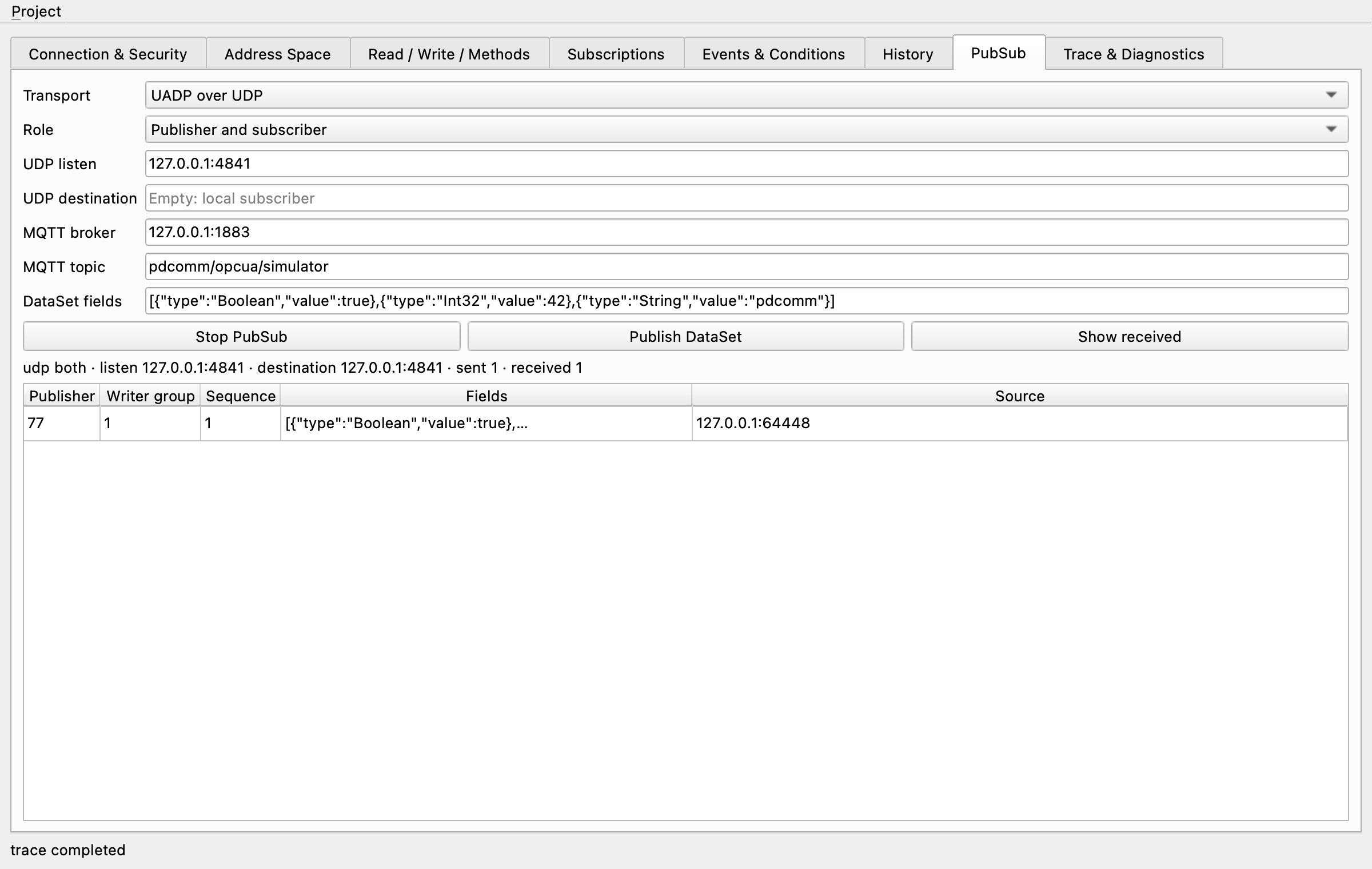 PubSub tab after receiving a UADP DataSet published over UDP