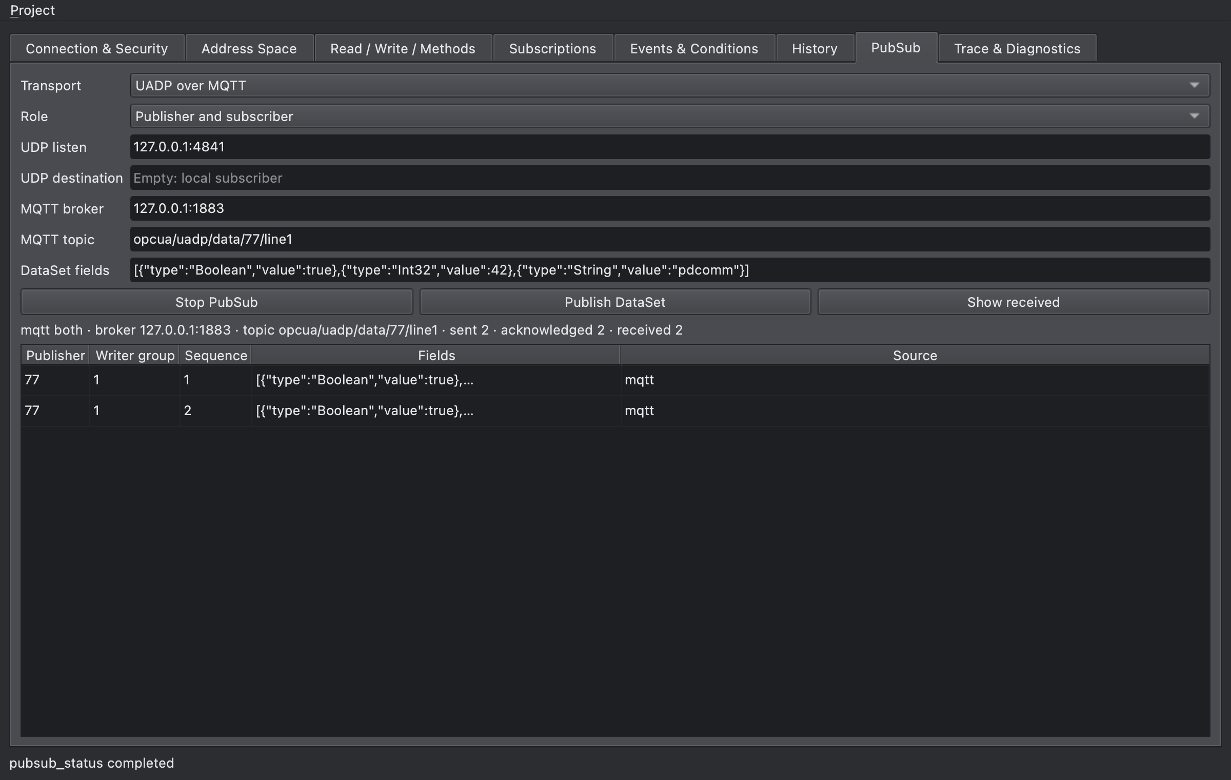 PubSub tab with Transport set to UADP over MQTT after two DataSets were published and received back