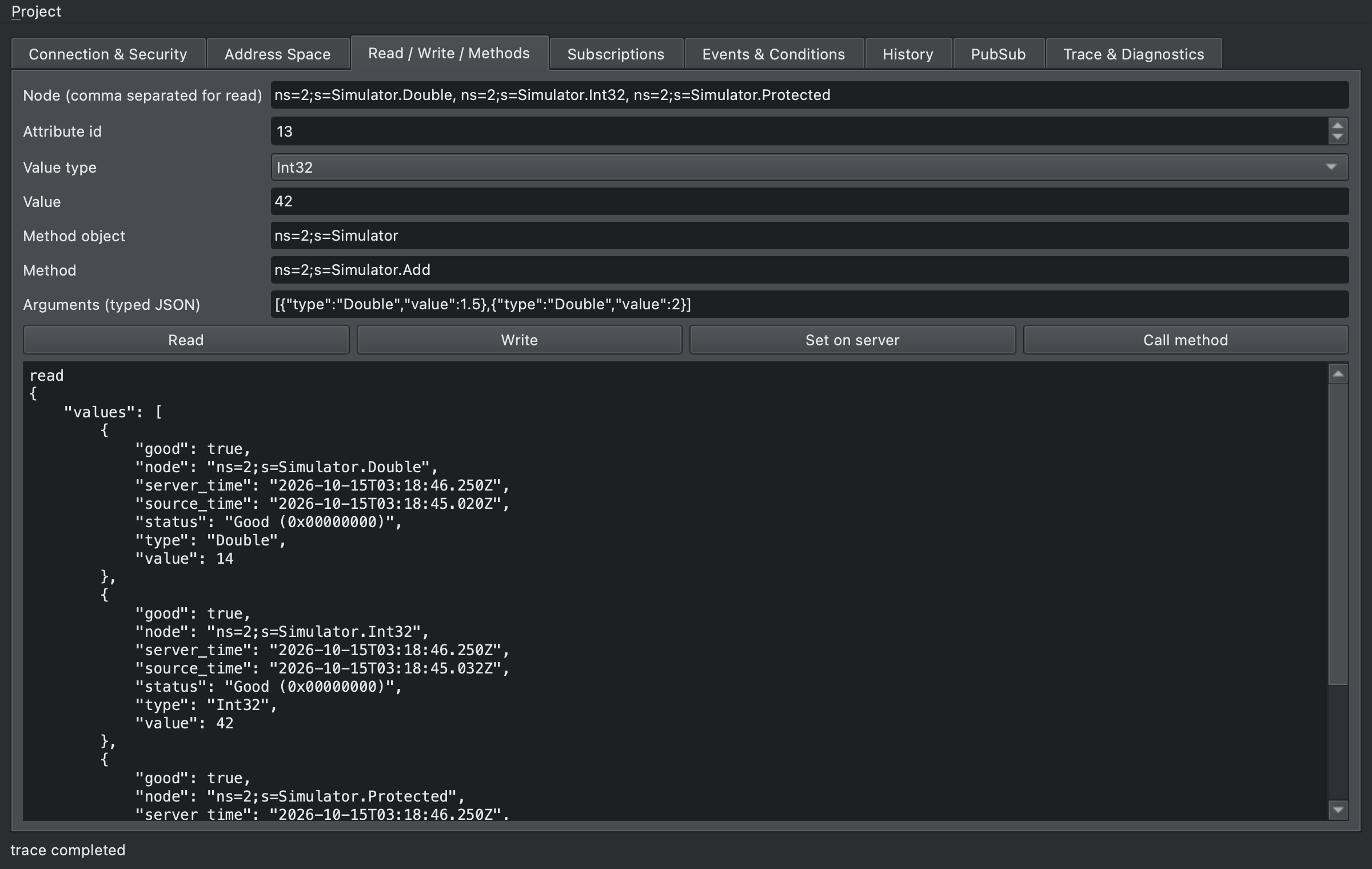 Read / Write / Methods tab showing three nodes read in one request