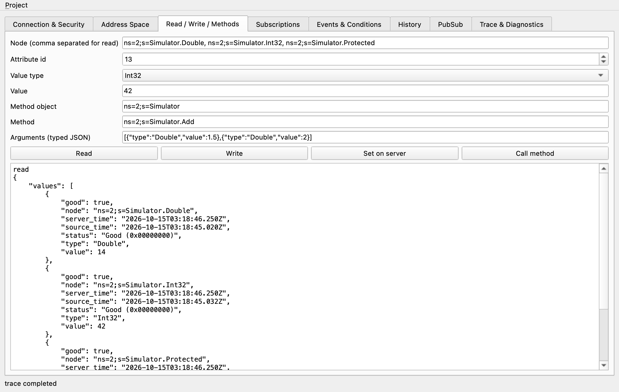 Read / Write / Methods tab showing three nodes read in one request