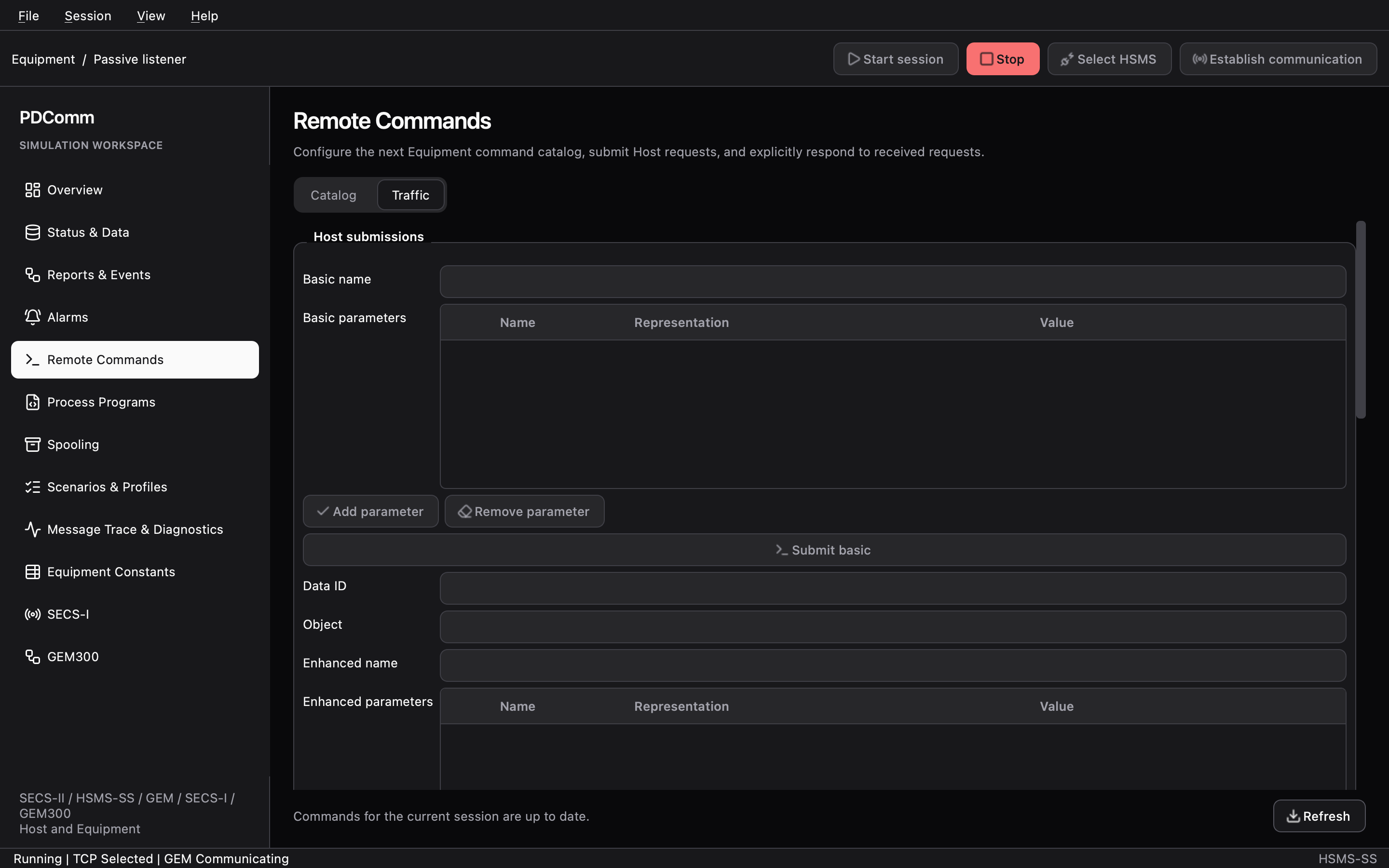 Traffic tab of Remote Commands on the Equipment with a START command from the Host waiting for a response.