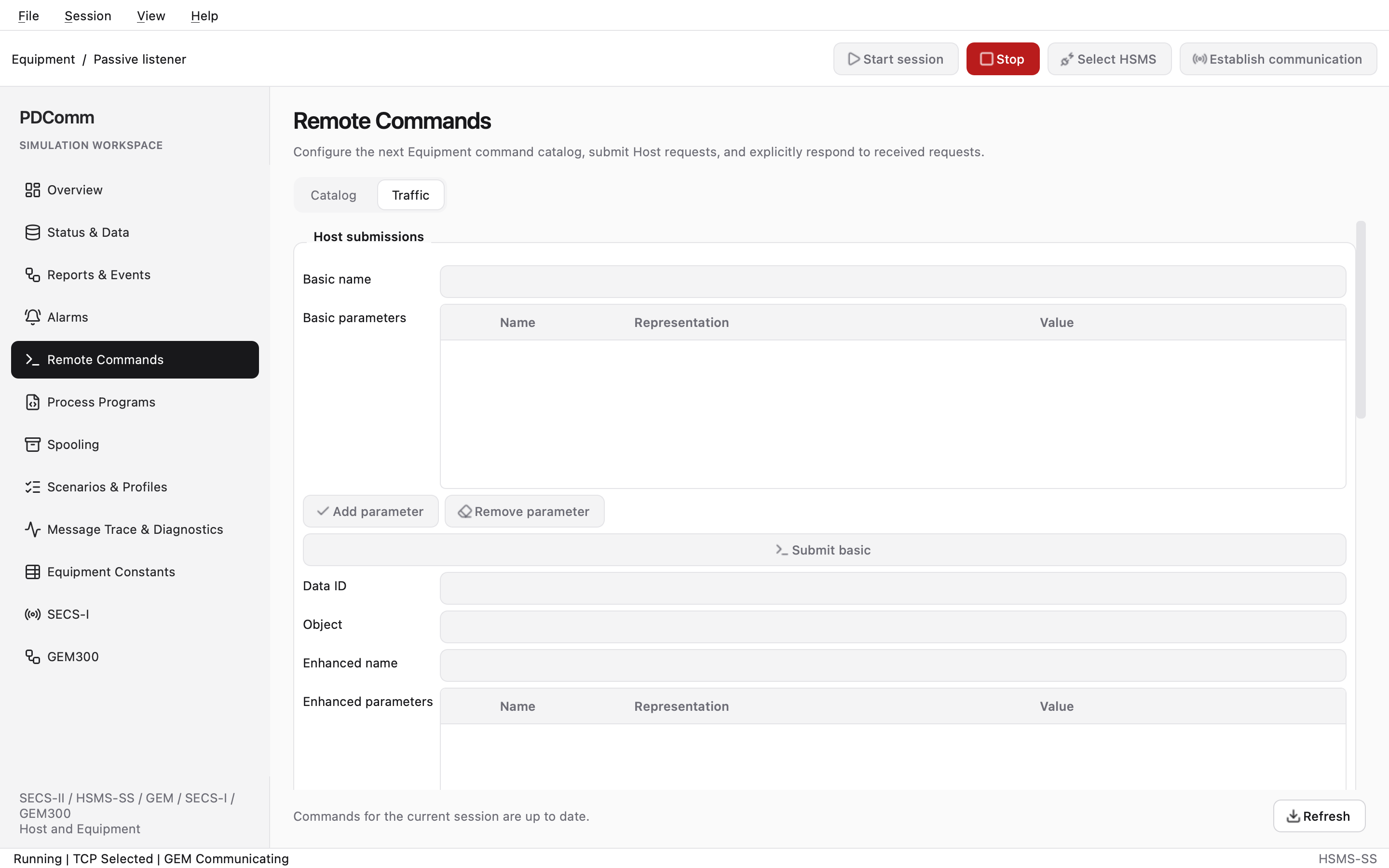 Traffic tab of Remote Commands on the Equipment with a START command from the Host waiting for a response.